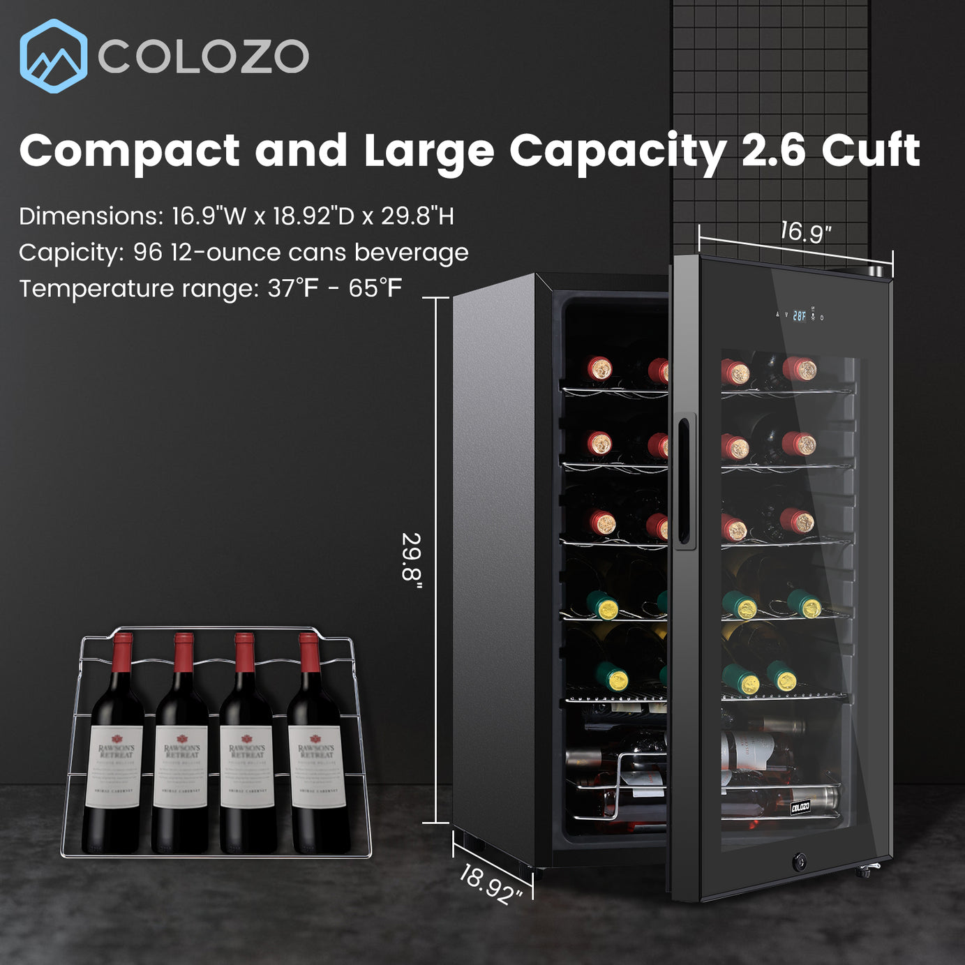 COLOZO 17 inch Wine Cooler Refrigerators Freestanding Under Counter Compact Bar Beverage Fridge 24 Bottle Countertop Double-Layer Tempered Glass Door Wine Cellars with Professional Compressor