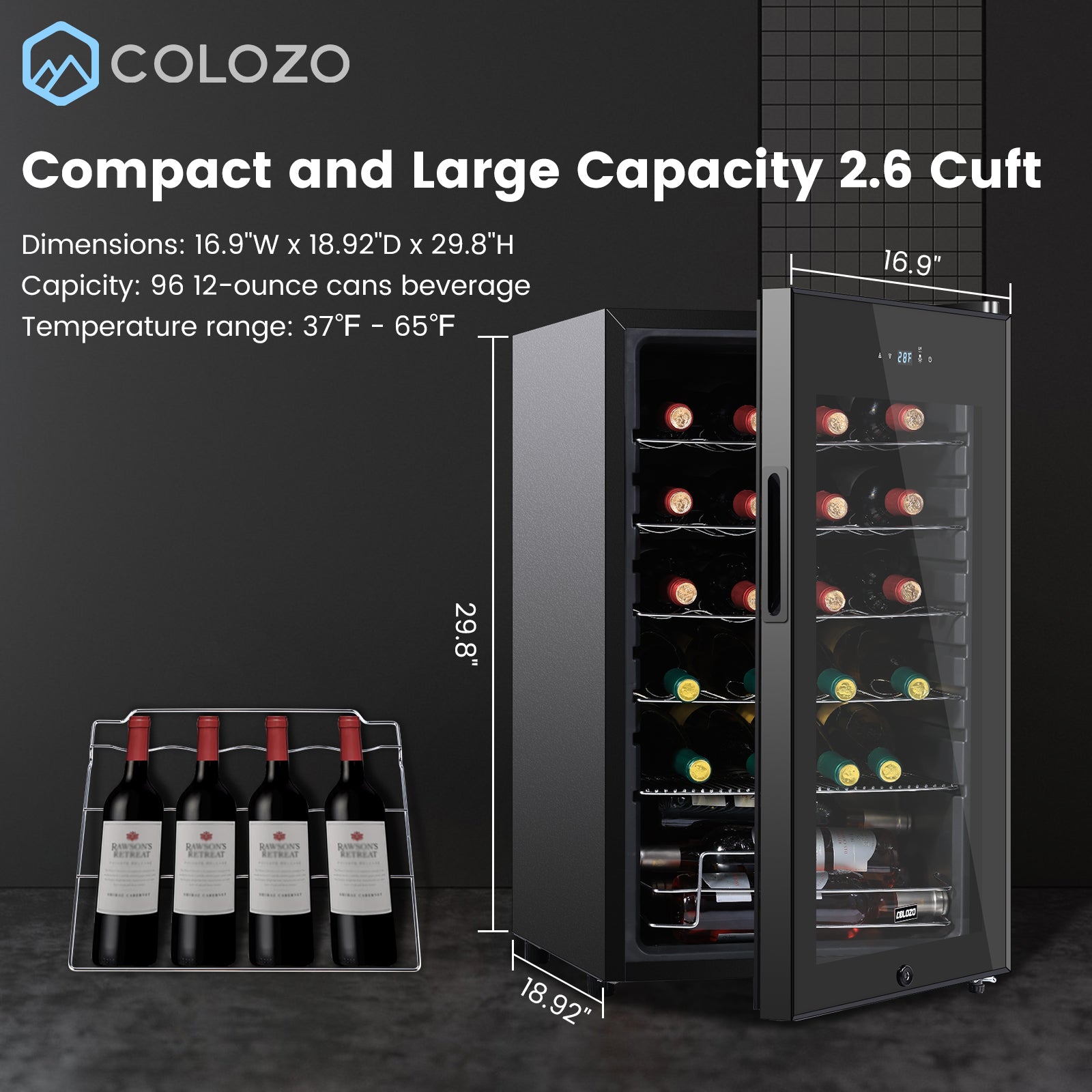 COLOZO 17 inch Wine Cooler Refrigerators Freestanding Under Counter Compact Bar Beverage Fridge 24 Bottle Countertop Double-Layer Tempered Glass Door Wine Cellars with Professional Compressor