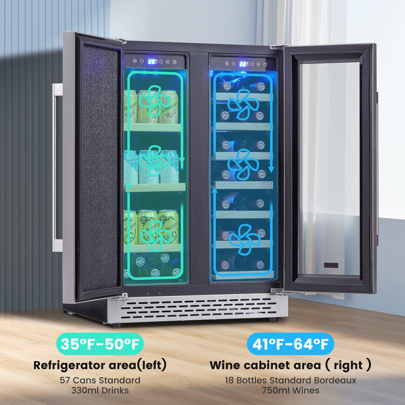 Wine Cooler Beverage Refrigerator, 24” Wine Fridge with Dual-Zone Digital Temperature Control, Glass Front Doors and Interior Lighting Holds 18 Bottles and 57 Cans on Removable Shelves