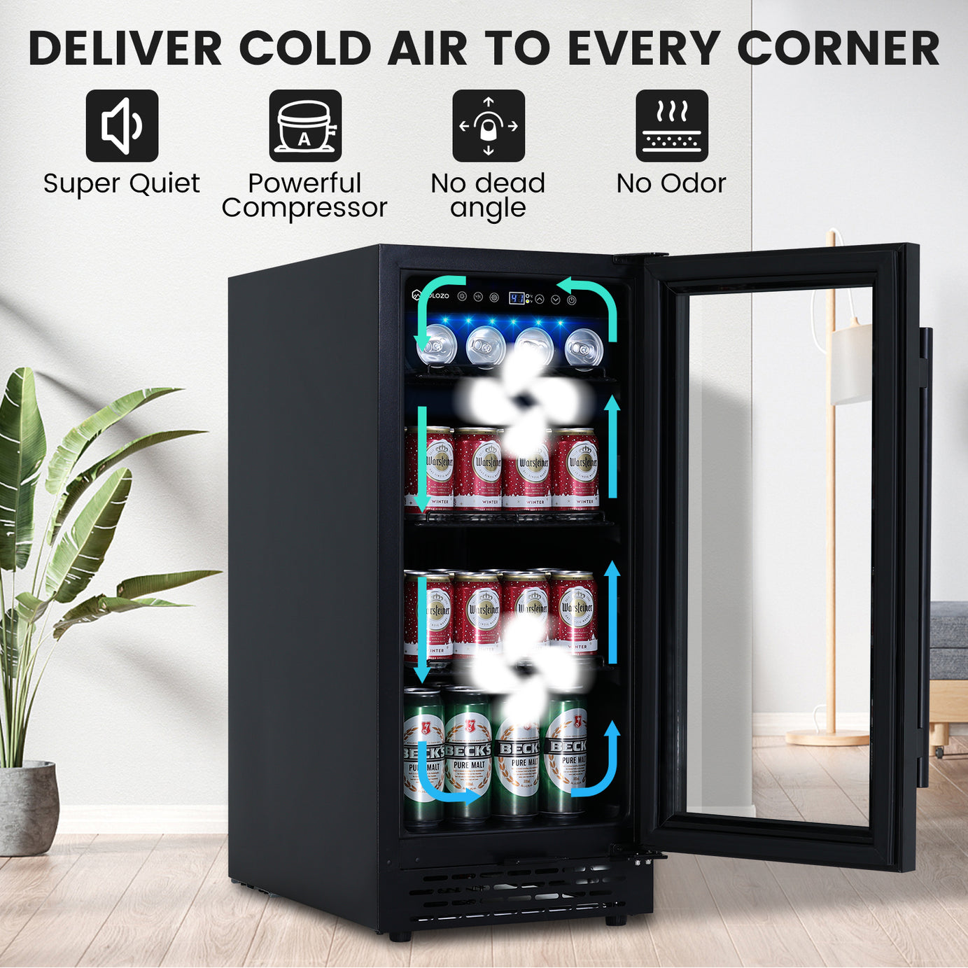 COLOZO Beverage Refrigerator 15 Inch 180 Cans Built-in Beverage Cooler Compressor Cooling System, Energy Saving, Under Counter Frestanding Built in Fridge with Lock for Drink Beer Soda Wine Water