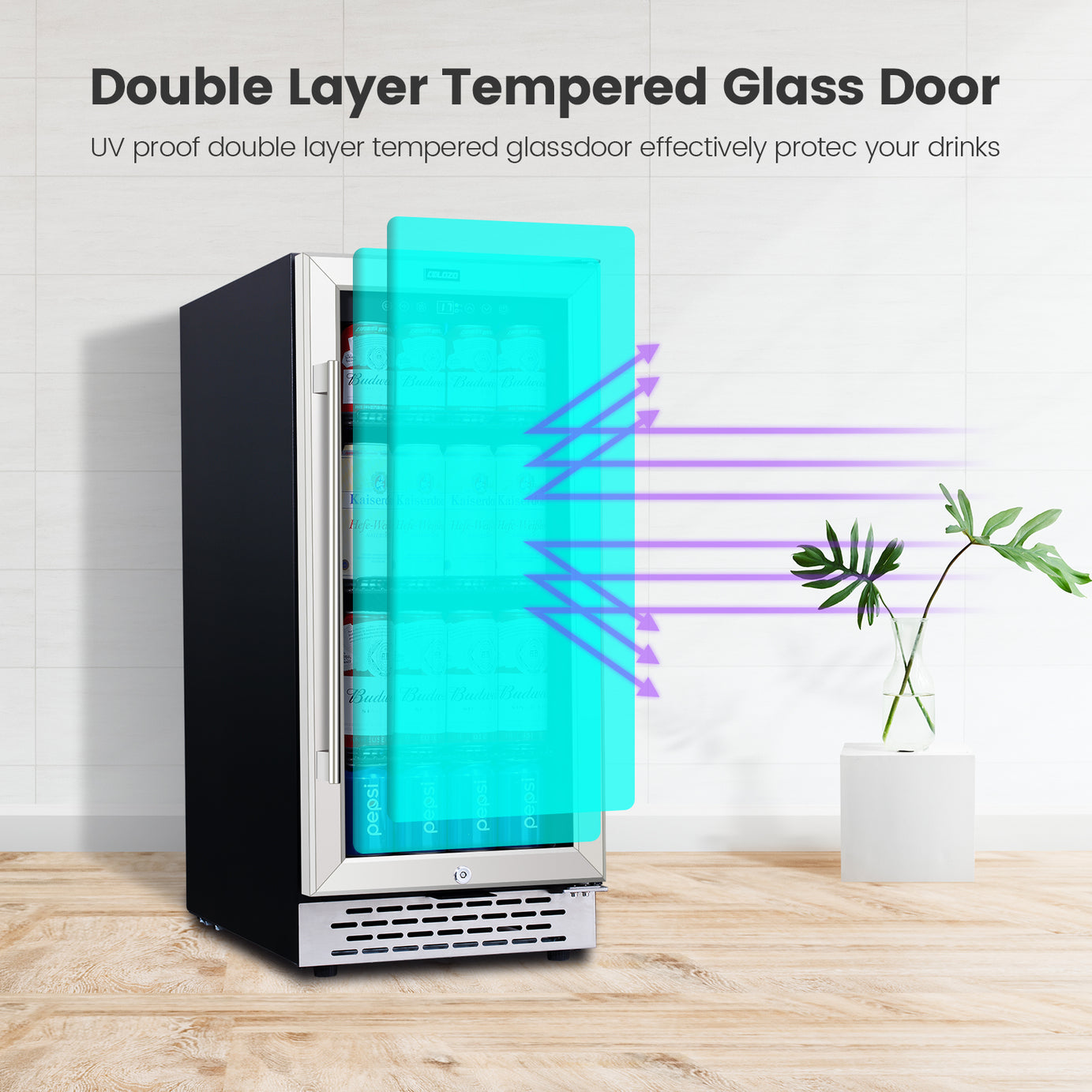 COLOZO 15 inch Beverage Refrigerator with Glass Door 180 Cans Mini Beverage Cooler Under Counter Frestanding Built in Center Garage Fridge with Lock for Drink Beer Soda Wine Water