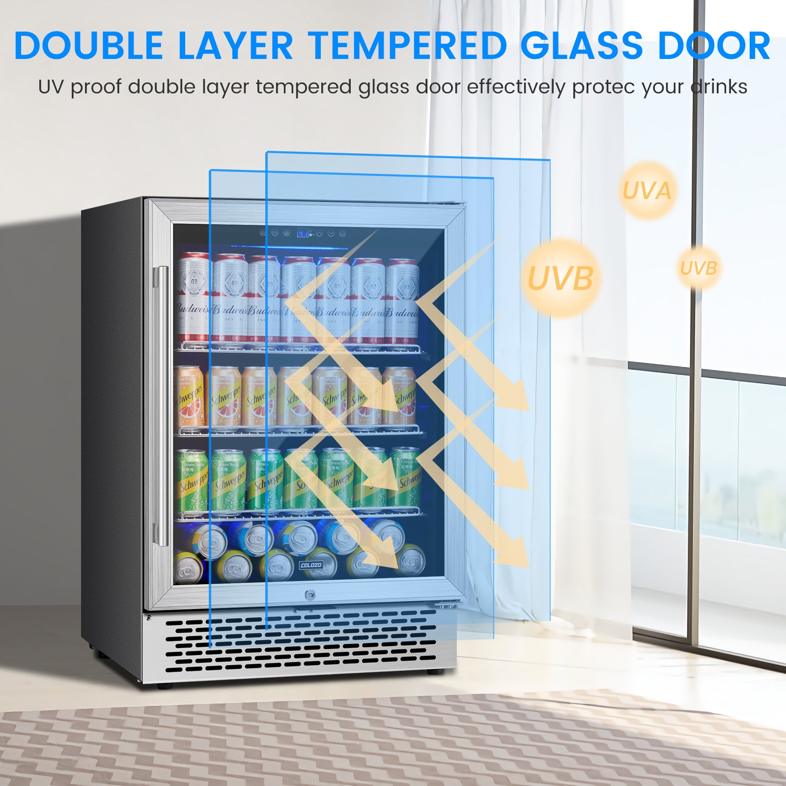 COLOZO 24 Inch Beverage Refrigerator, 190 Cans Wide Beverage and Beer Fridge with Glass Door and Powerful Cooling Compressor, Built-in/Freestanding Drink Fridge for Kitchen, Bar or Office