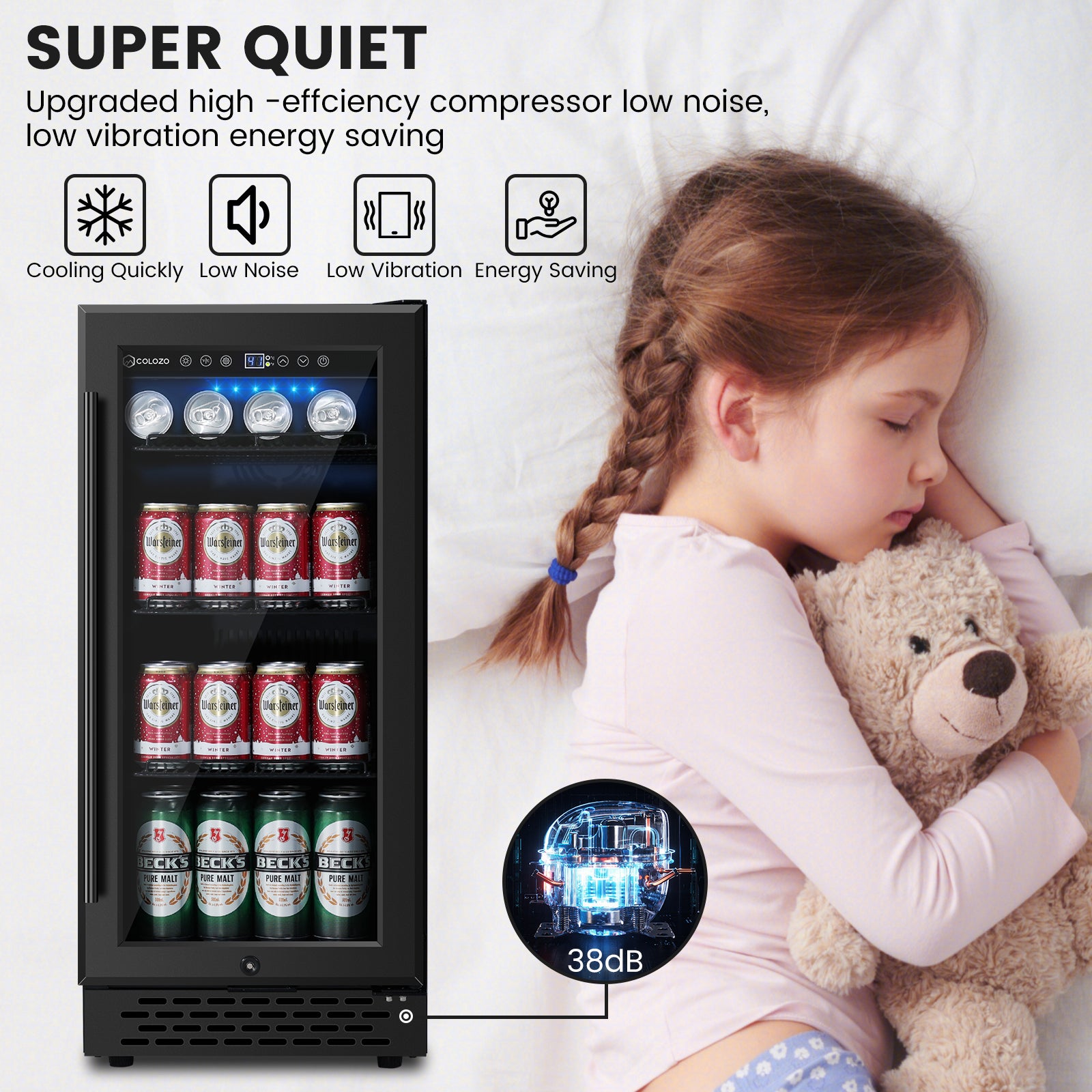 COLOZO Beverage Refrigerator 15 Inch 180 Cans Built-in Beverage Cooler Compressor Cooling System, Energy Saving, Under Counter Frestanding Built in Fridge with Lock for Drink Beer Soda Wine Water