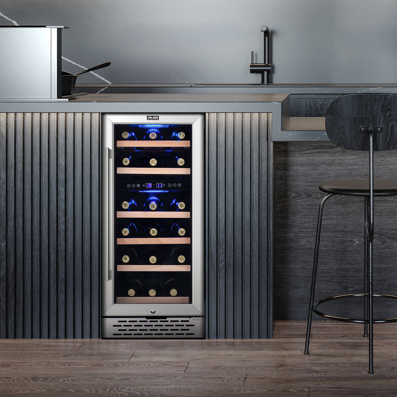 28 Bottle Wine Cooler Refrigerator, 15" Seamless Stainless Steel Built-in Freestanding Wine Fridge Double-Layer Tempered Glass Door with Lock, Under Counter Wine Cellar