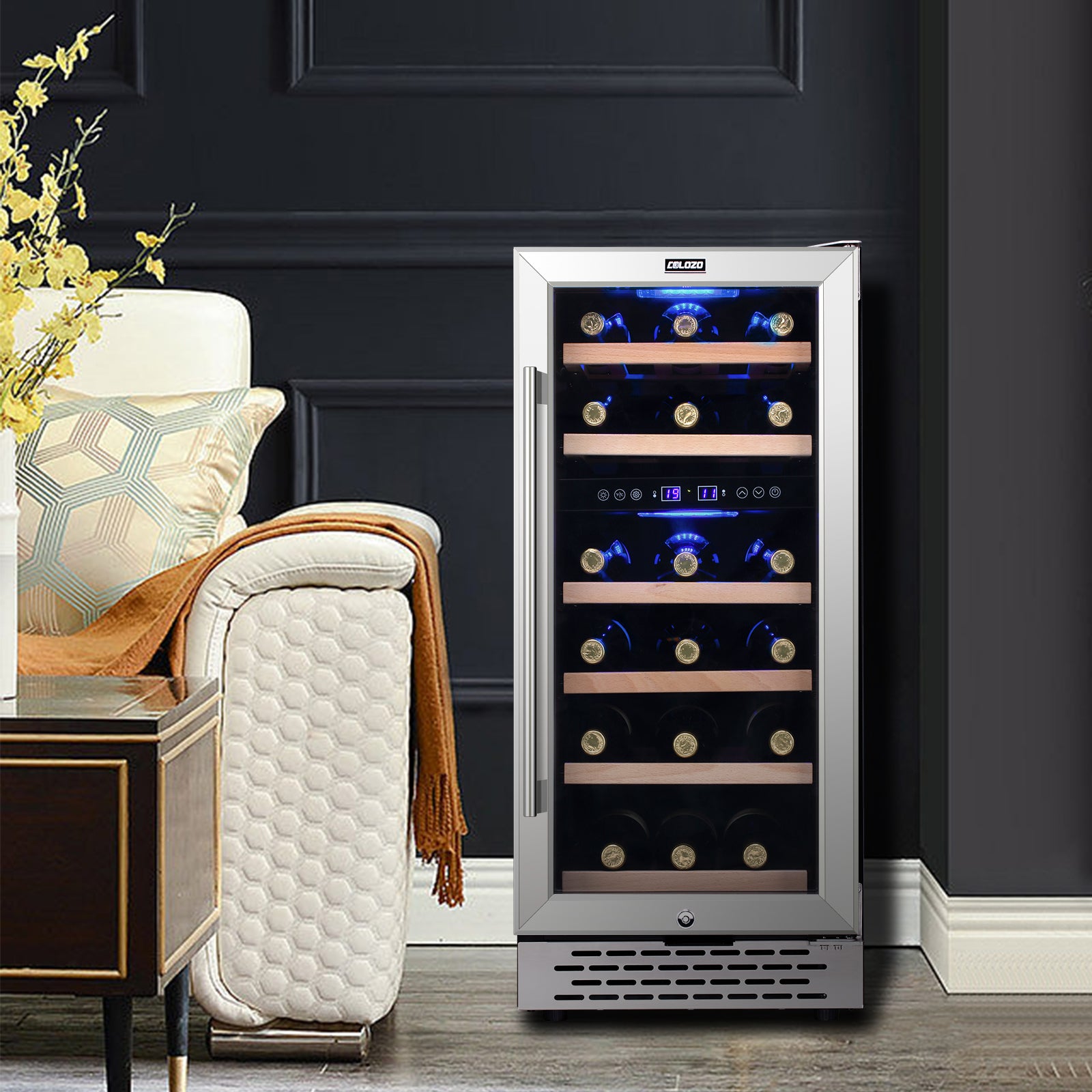 28 Bottle Wine Cooler Refrigerator, 15" Seamless Stainless Steel Built-in Freestanding Wine Fridge Double-Layer Tempered Glass Door with Lock, Under Counter Wine Cellar