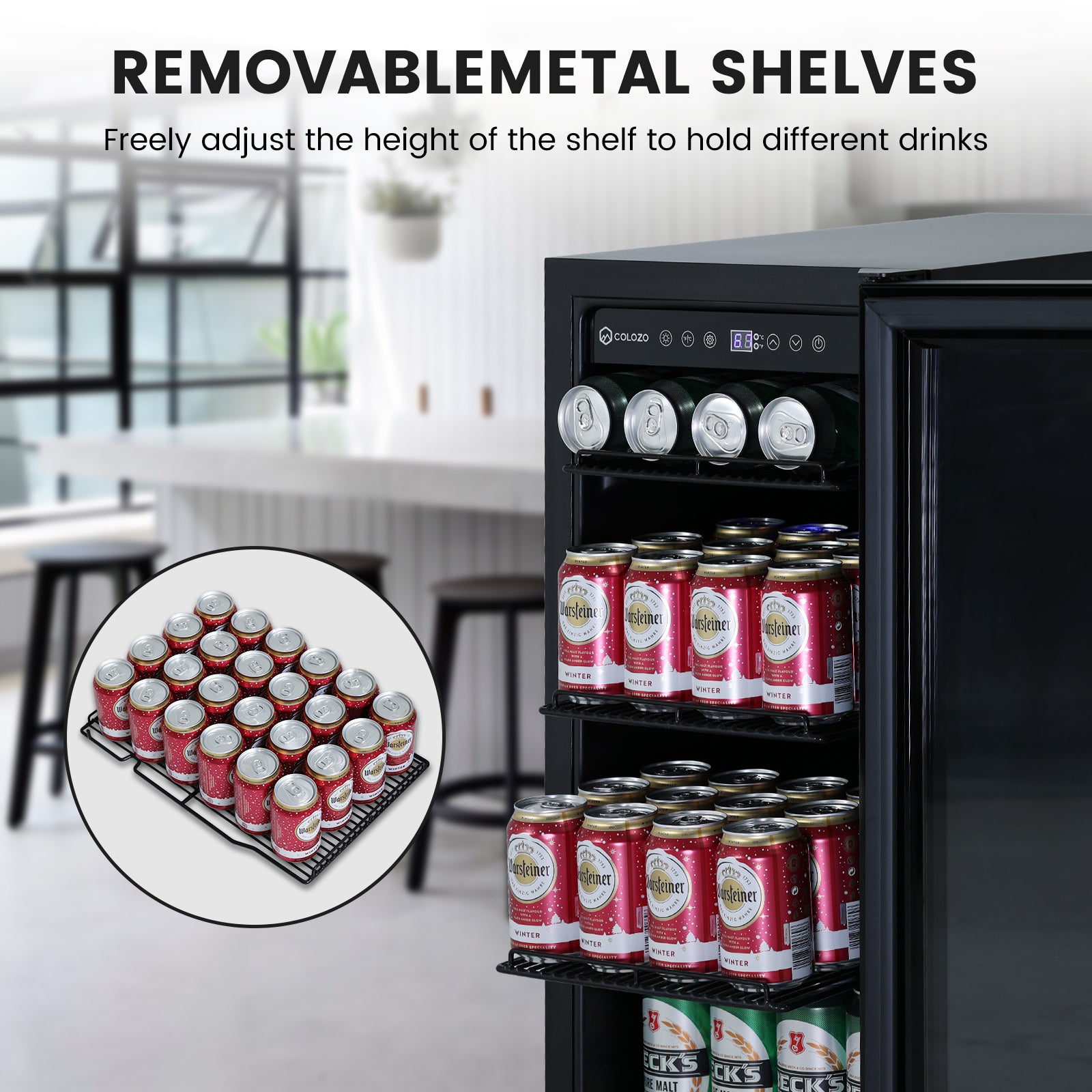 COLOZO Beverage Refrigerator 15 Inch 180 Cans Built-in Beverage Cooler Compressor Cooling System, Energy Saving, Under Counter Frestanding Built in Fridge with Lock for Drink Beer Soda Wine Water