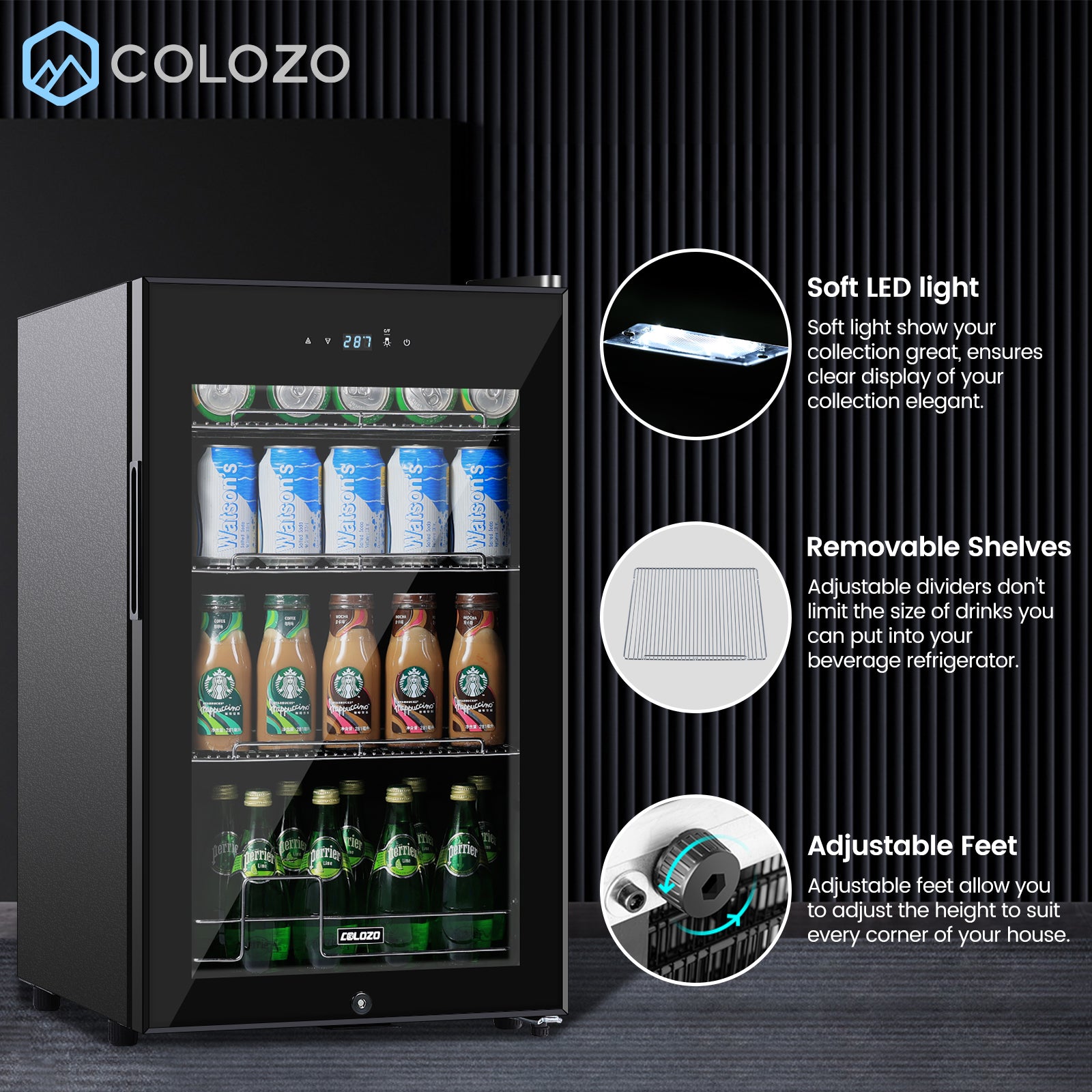 COLOZO 17 Inch Freestanding Beverage Refrigerator Cooler, 96 Cans Mini Fridge with Glass Door, Removable Shelves for Soda, Water, Beer or Wine, Small Drink Refrigerator for Home Office Bar