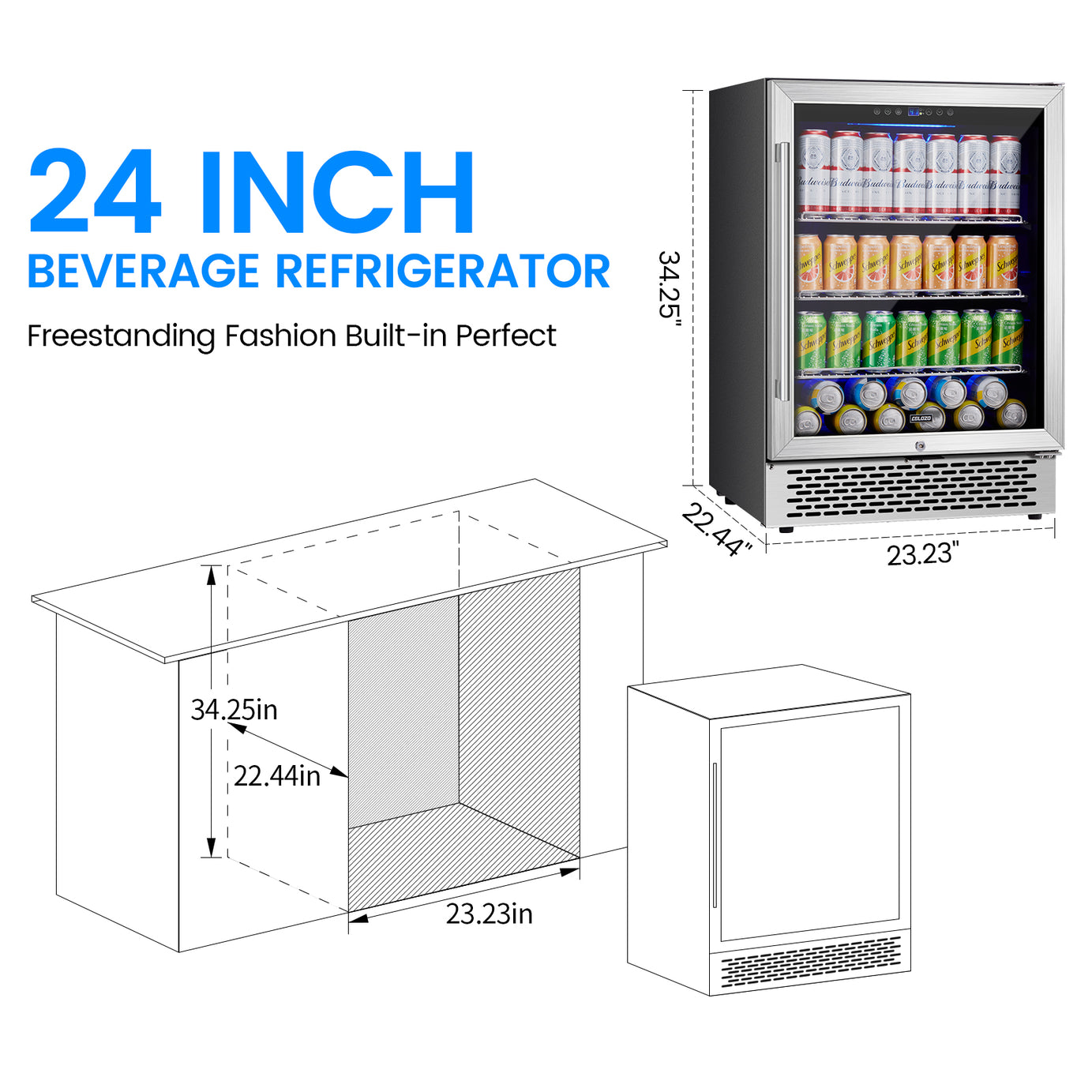 COLOZO 24 Inch Beverage Refrigerator, 190 Cans Wide Beverage and Beer Fridge with Glass Door and Powerful Cooling Compressor, Built-in/Freestanding Drink Fridge for Kitchen, Bar or Office