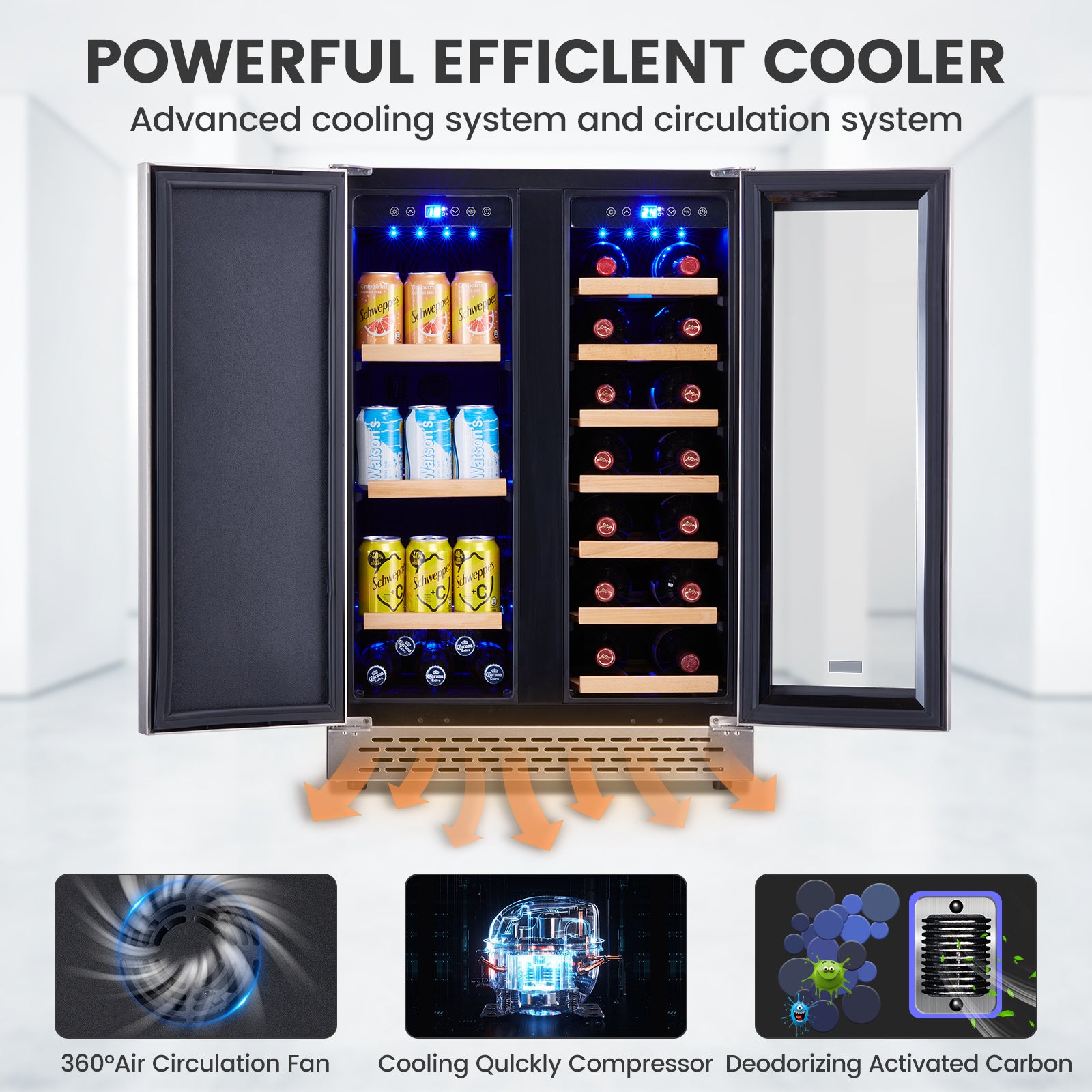 Wine Cooler Beverage Refrigerator, 24” Wine Fridge with Dual-Zone Digital Temperature Control, Glass Front Doors and Interior Lighting Holds 18 Bottles and 57 Cans on Removable Shelves