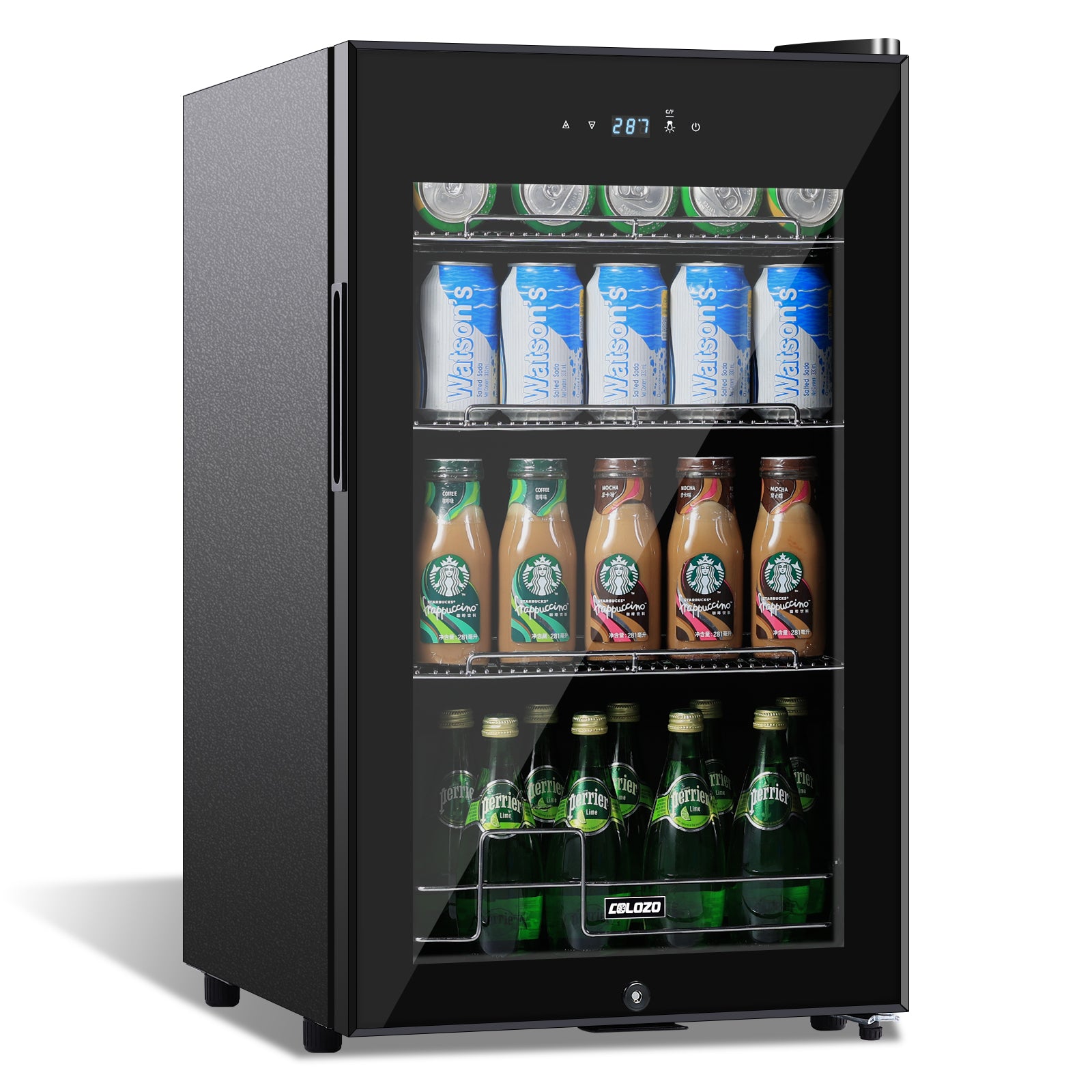 COLOZO 17 Inch Freestanding Beverage Refrigerator Cooler, 96 Cans Mini Fridge with Glass Door, Removable Shelves for Soda, Water, Beer or Wine, Small Drink Refrigerator for Home Office Bar