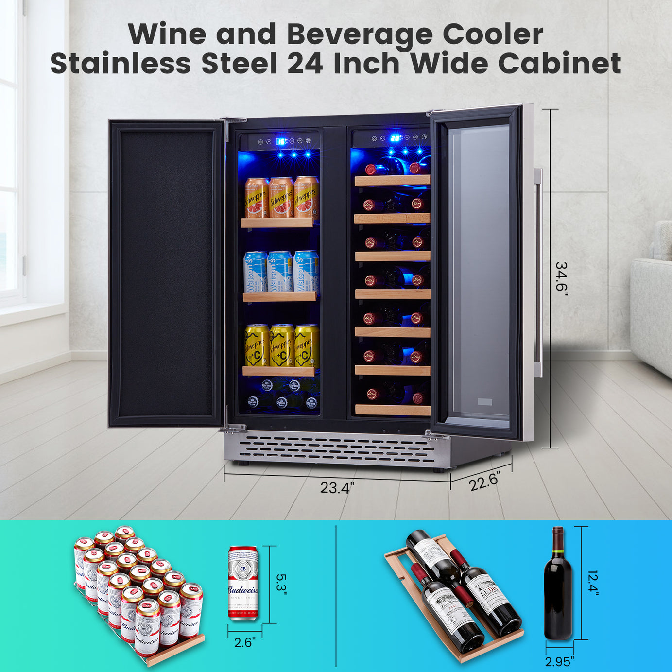 Wine Cooler Beverage Refrigerator, 24” Wine Fridge with Dual-Zone Digital Temperature Control, Glass Front Doors and Interior Lighting Holds 18 Bottles and 57 Cans on Removable Shelves