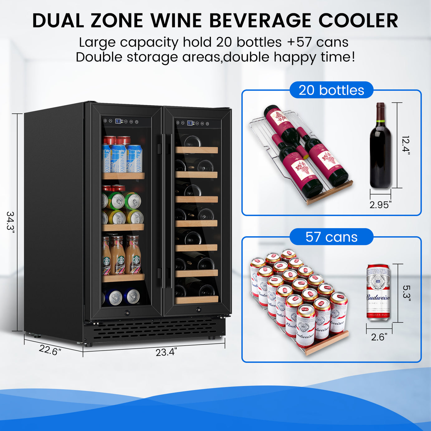 Wine Cooler Beverage Refrigerator 24 inch 18 Bottles & 57 Cans Beverage Fridge Dual Zone Wine Cooler Lockable Freestanding for Drink Bar Kitchen Cabinet Commercial, Stainless Steel black