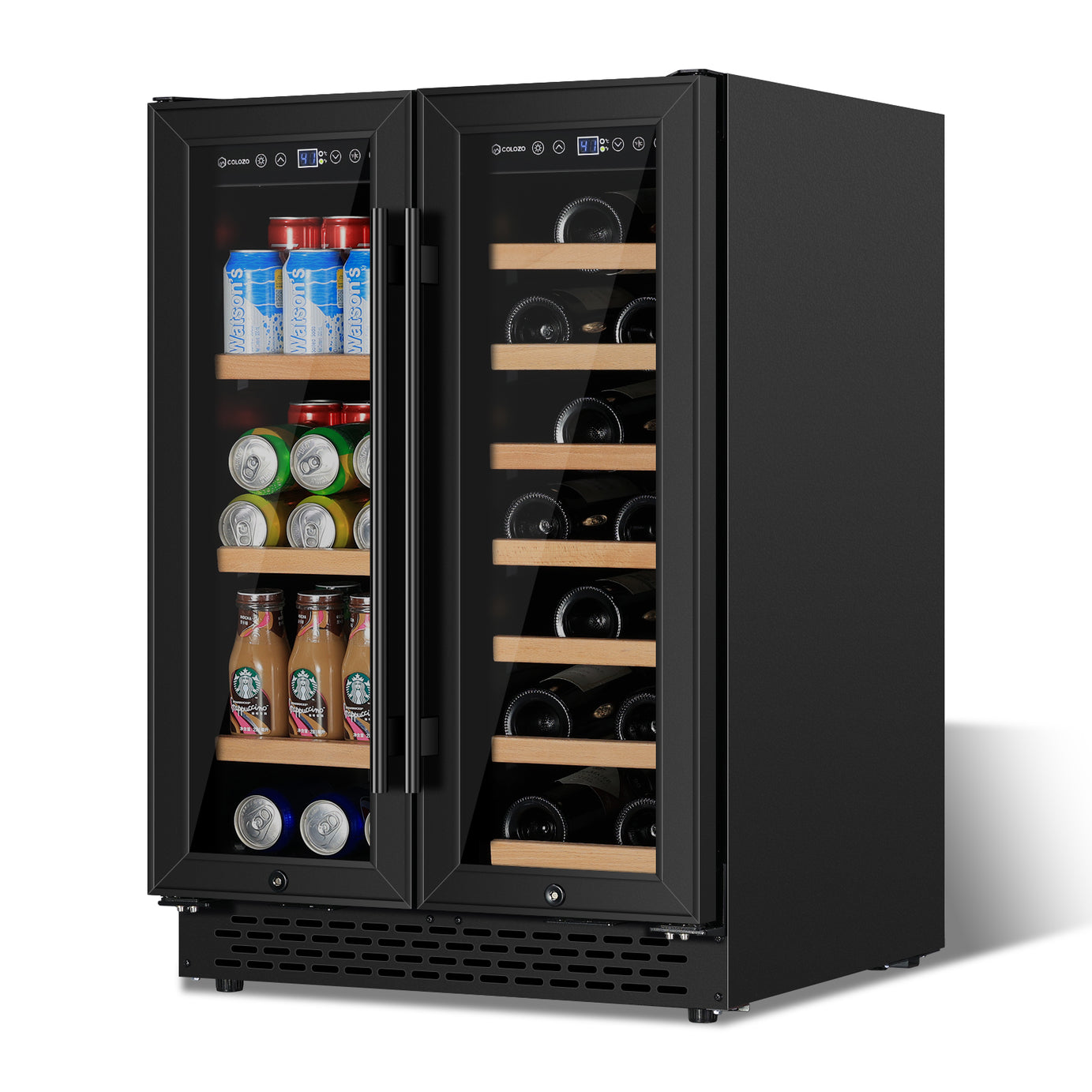 Wine Cooler Beverage Refrigerator 24 inch 18 Bottles & 57 Cans Beverage Fridge Dual Zone Wine Cooler Lockable Freestanding for Drink Bar Kitchen Cabinet Commercial, Stainless Steel black