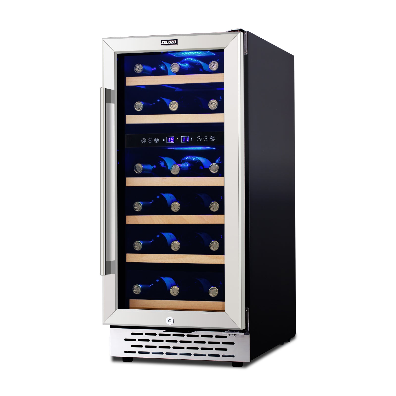 28 Bottle Wine Cooler Refrigerator, 15" Seamless Stainless Steel Built-in Freestanding Wine Fridge Double-Layer Tempered Glass Door with Lock, Under Counter Wine Cellar