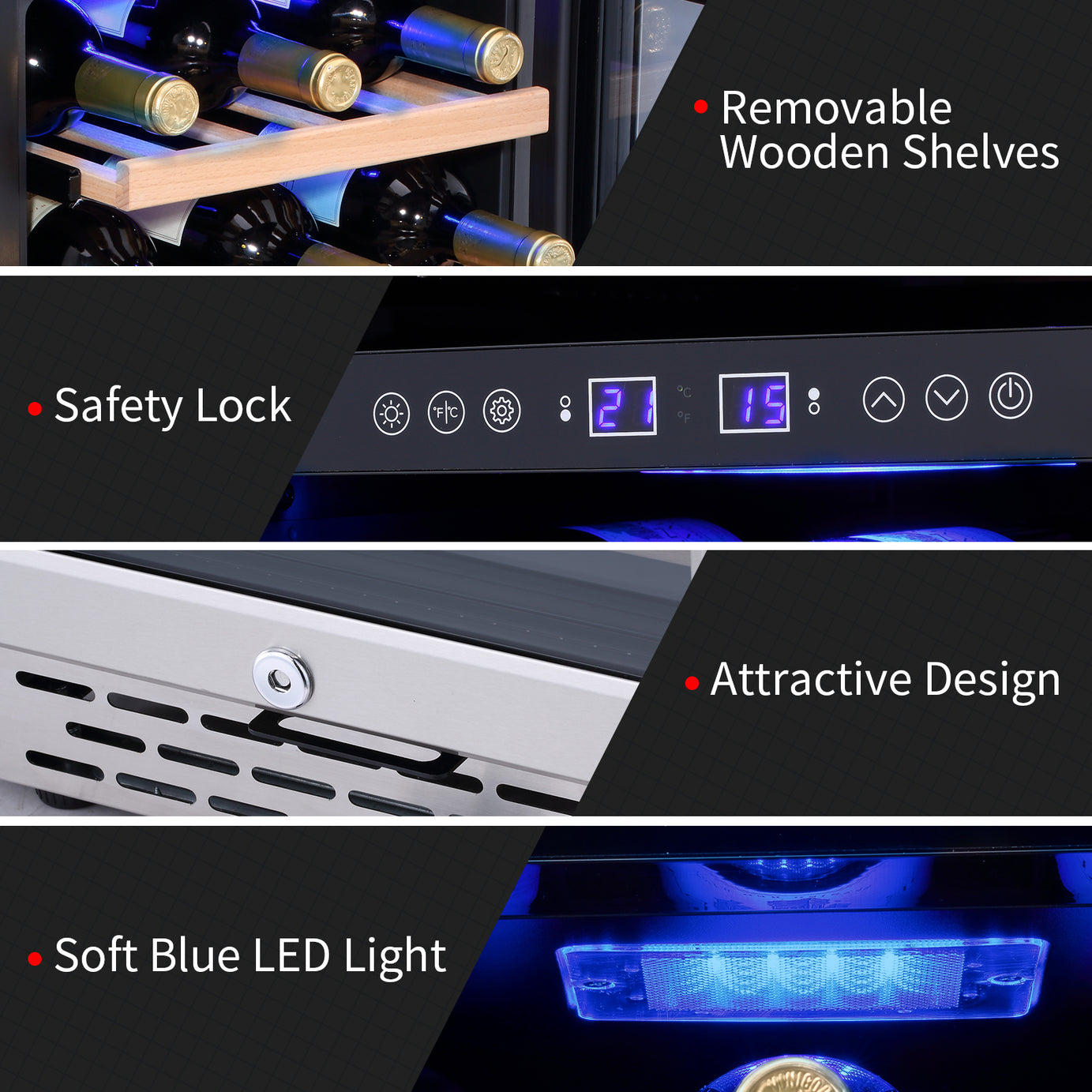 28 Bottle Wine Cooler Refrigerator, 15" Seamless Stainless Steel Built-in Freestanding Wine Fridge Double-Layer Tempered Glass Door with Lock, Under Counter Wine Cellar