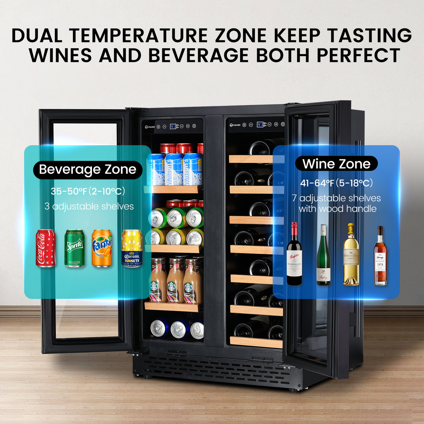 Wine Cooler Beverage Refrigerator 24 inch 18 Bottles & 57 Cans Beverage Fridge Dual Zone Wine Cooler Lockable Freestanding for Drink Bar Kitchen Cabinet Commercial, Stainless Steel black