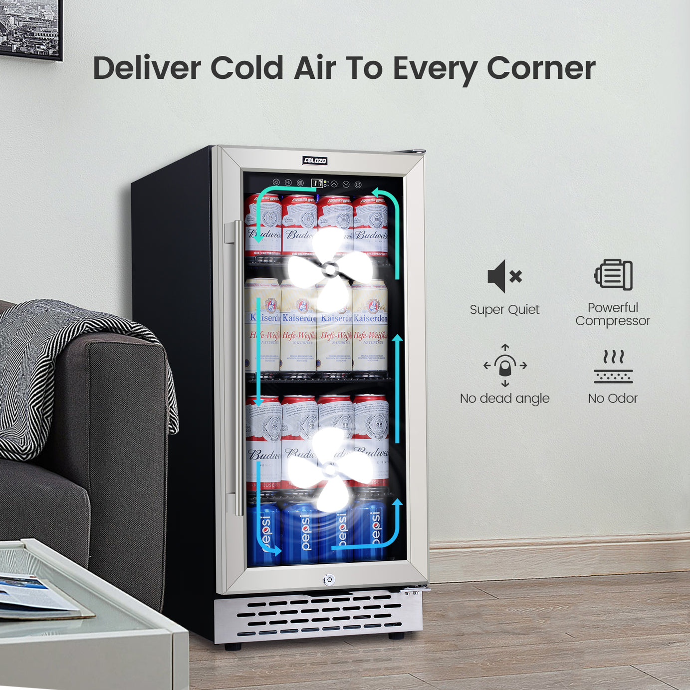 COLOZO 15 inch Beverage Refrigerator with Glass Door 180 Cans Mini Beverage Cooler Under Counter Frestanding Built in Center Garage Fridge with Lock for Drink Beer Soda Wine Water