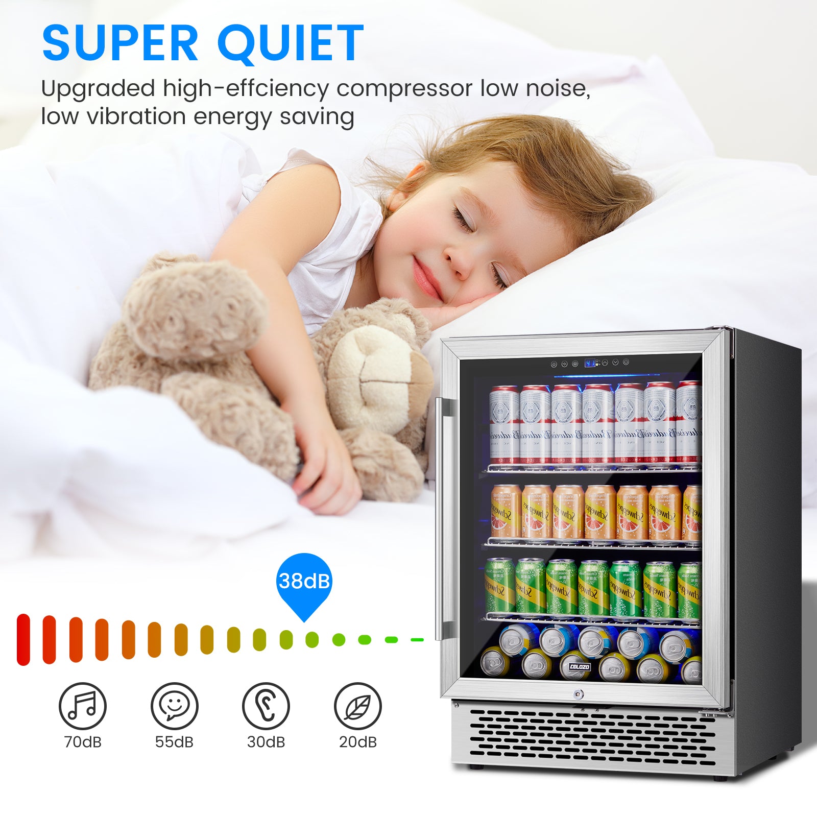 COLOZO 24 Inch Beverage Refrigerator, 190 Cans Wide Beverage and Beer Fridge with Glass Door and Powerful Cooling Compressor, Built-in/Freestanding Drink Fridge for Kitchen, Bar or Office