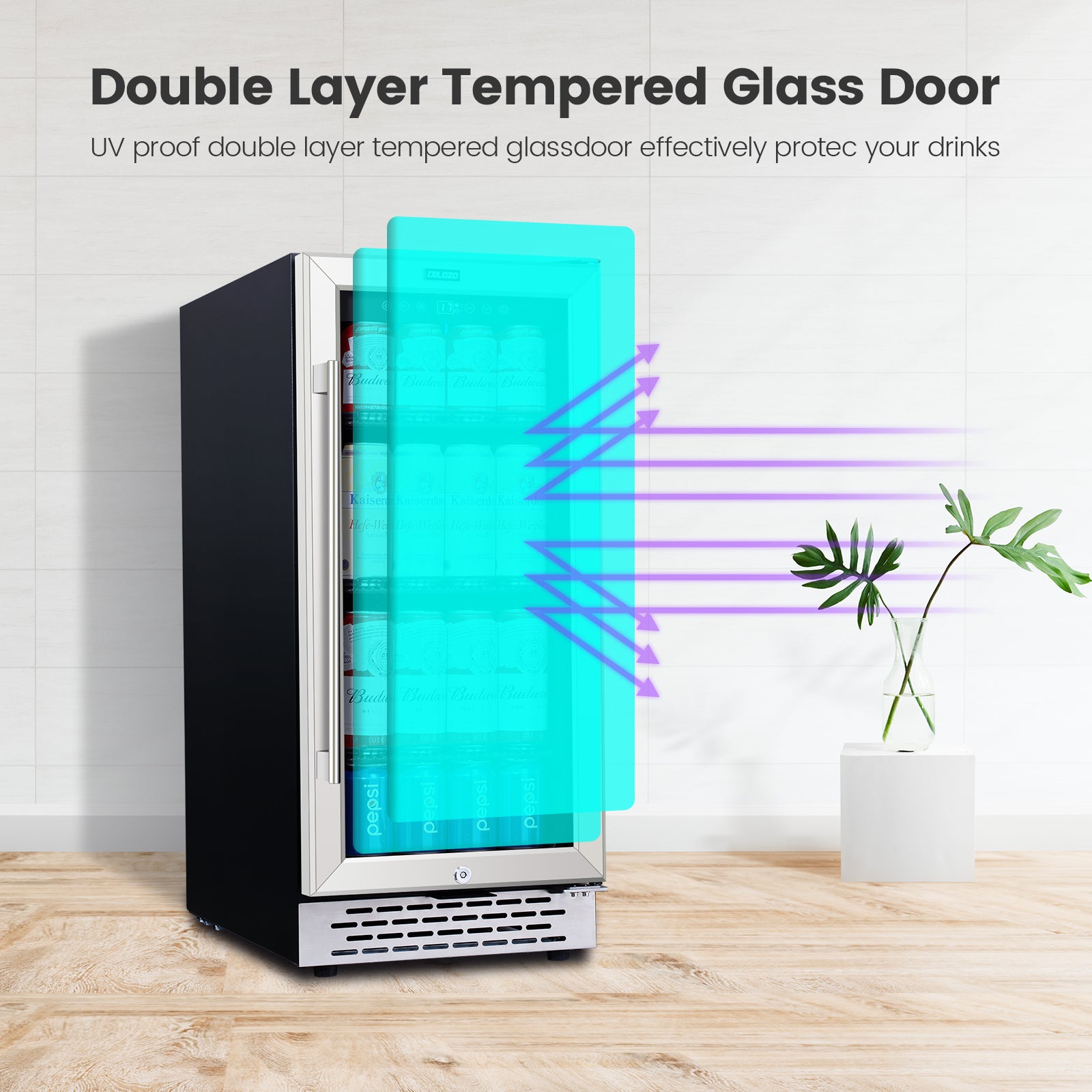 COLOZO 15 inch Beverage Refrigerator with Glass Door 180 Cans Mini Beverage Cooler Under Counter Frestanding Built in Center Garage Fridge with Lock for Drink Beer Soda Wine Water