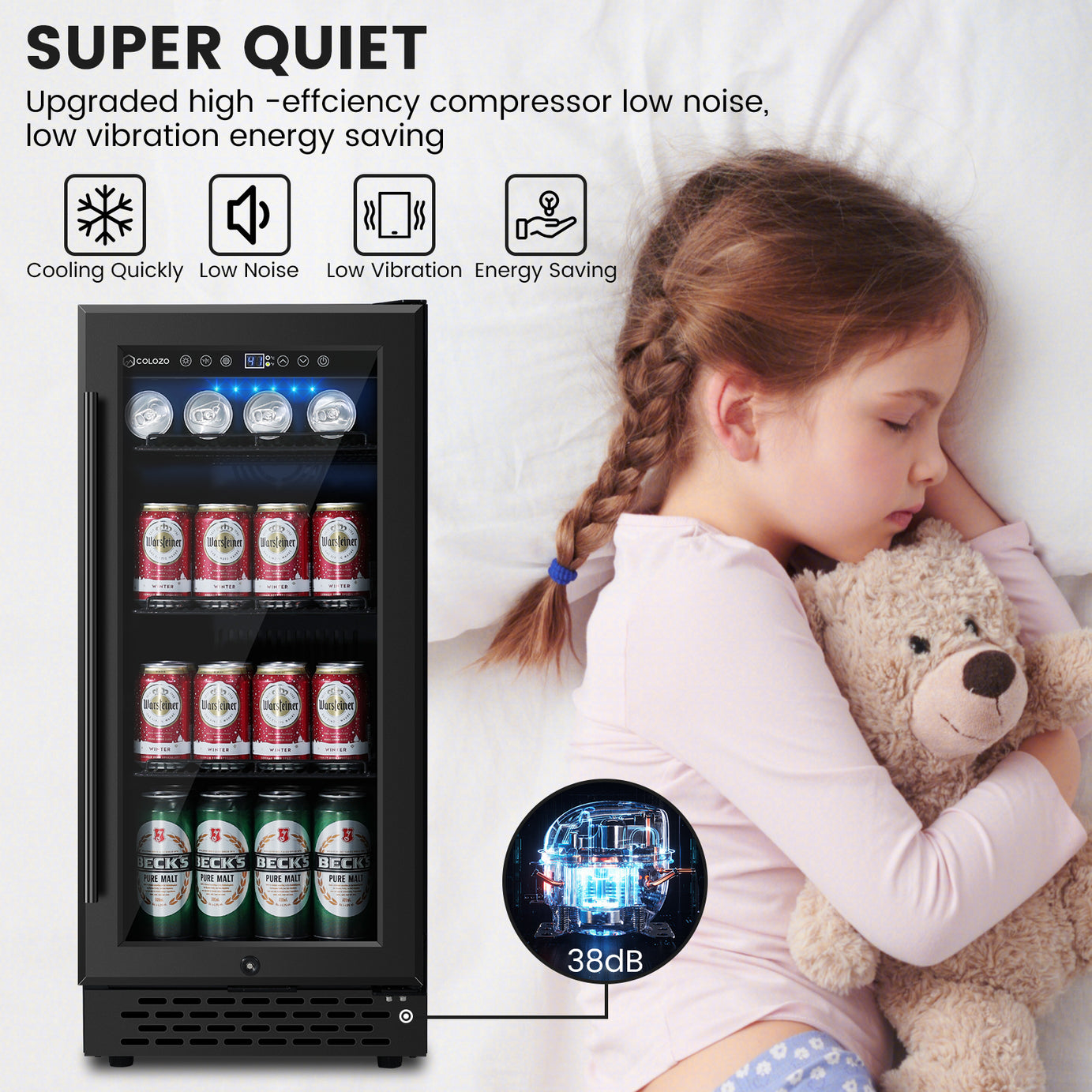 COLOZO Beverage Refrigerator 15 Inch 180 Cans Built-in Beverage Cooler Compressor Cooling System, Energy Saving, Under Counter Frestanding Built in Fridge with Lock for Drink Beer Soda Wine Water