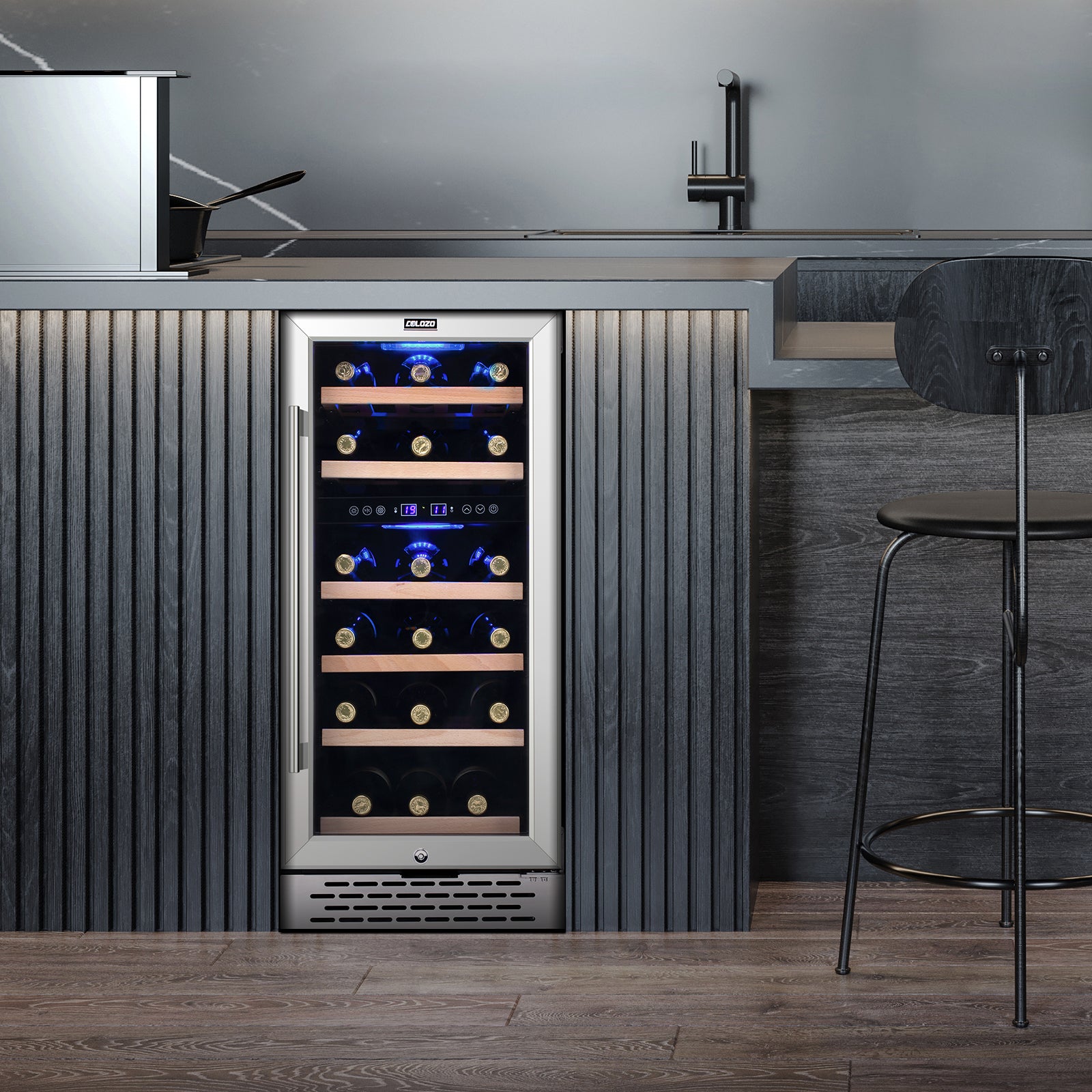 28 Bottle Wine Cooler Refrigerator, 15" Seamless Stainless Steel Built-in Freestanding Wine Fridge Double-Layer Tempered Glass Door with Lock, Under Counter Wine Cellar