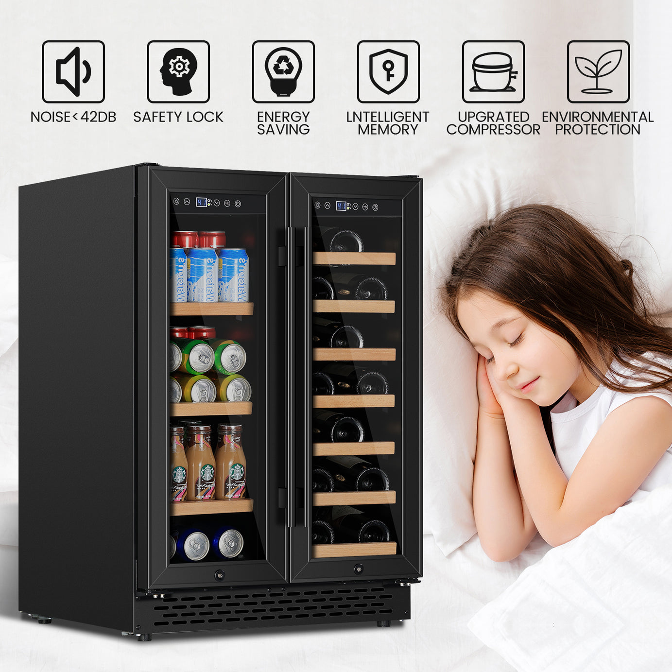 Wine Cooler Beverage Refrigerator 24 inch 18 Bottles & 57 Cans Beverage Fridge Dual Zone Wine Cooler Lockable Freestanding for Drink Bar Kitchen Cabinet Commercial, Stainless Steel black