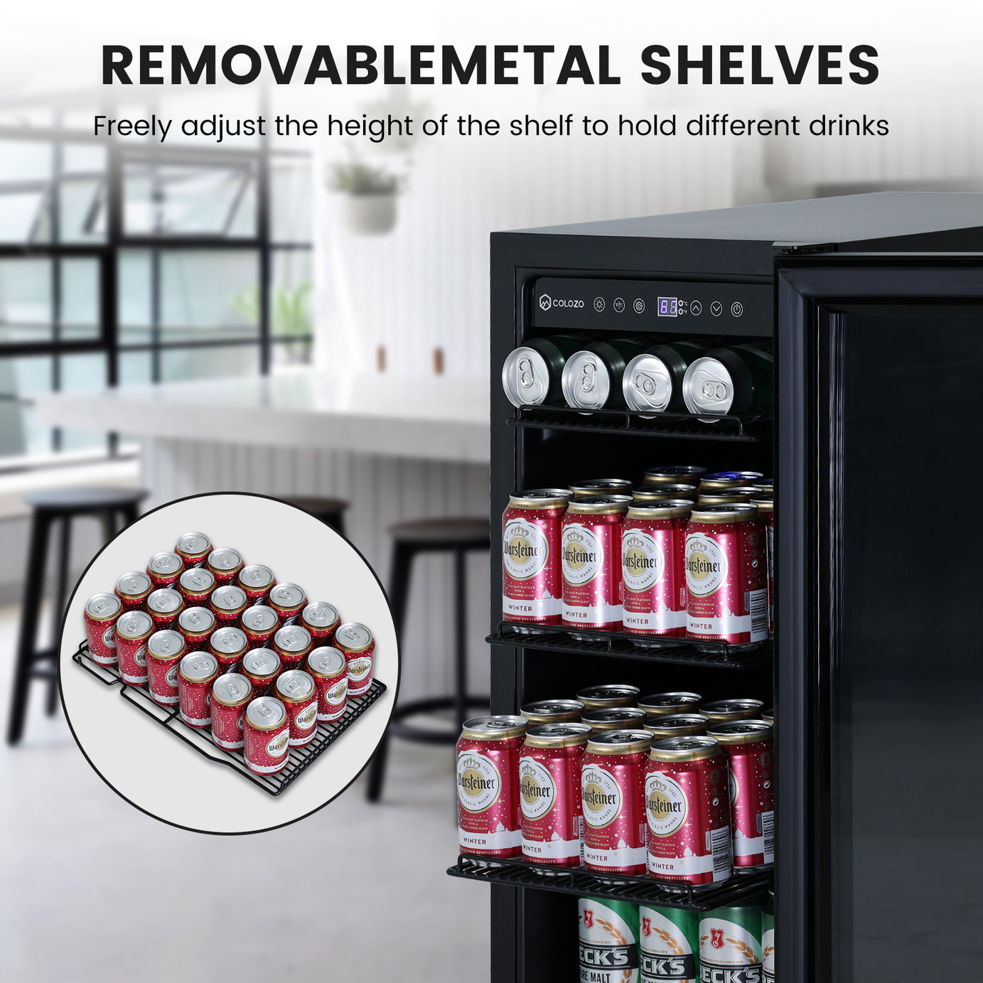 COLOZO Beverage Refrigerator 15 Inch 180 Cans Built-in Beverage Cooler Compressor Cooling System, Energy Saving, Under Counter Frestanding Built in Fridge with Lock for Drink Beer Soda Wine Water