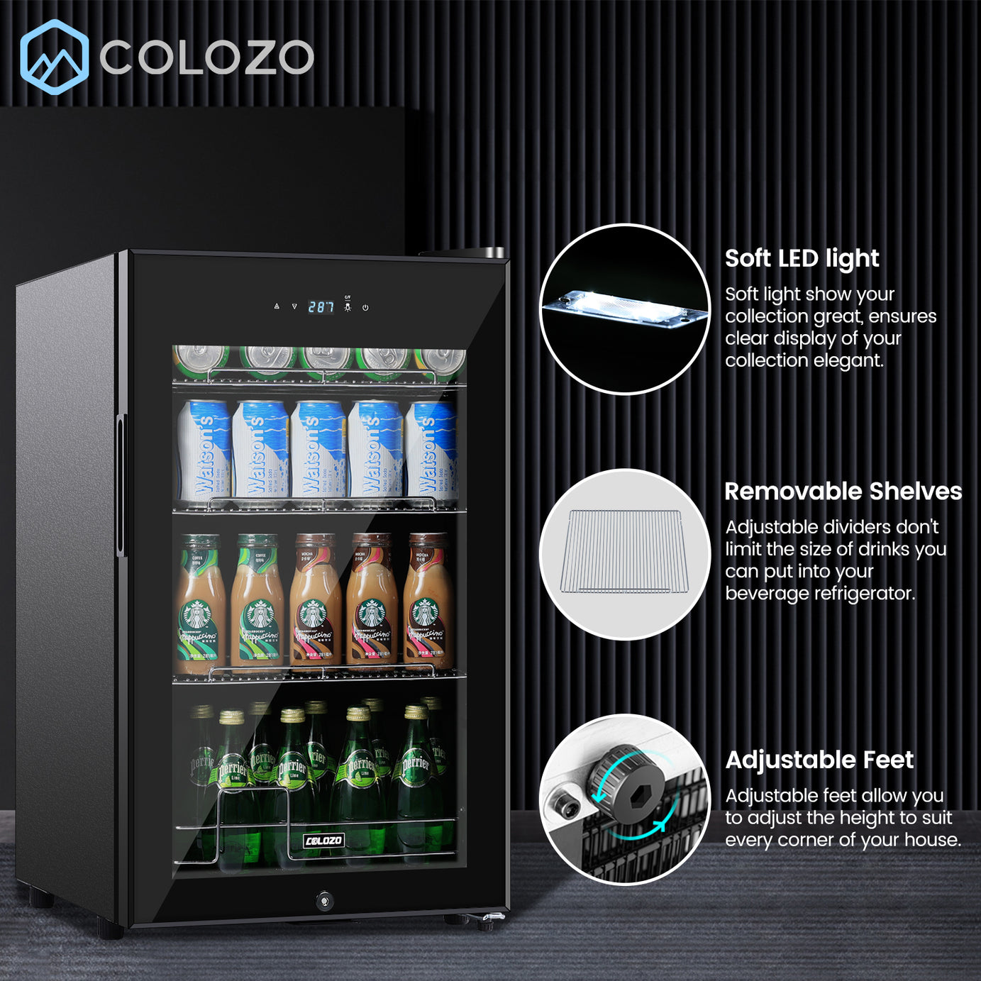 COLOZO 17 Inch Freestanding Beverage Refrigerator Cooler, 96 Cans Mini Fridge with Glass Door, Removable Shelves for Soda, Water, Beer or Wine, Small Drink Refrigerator for Home Office Bar