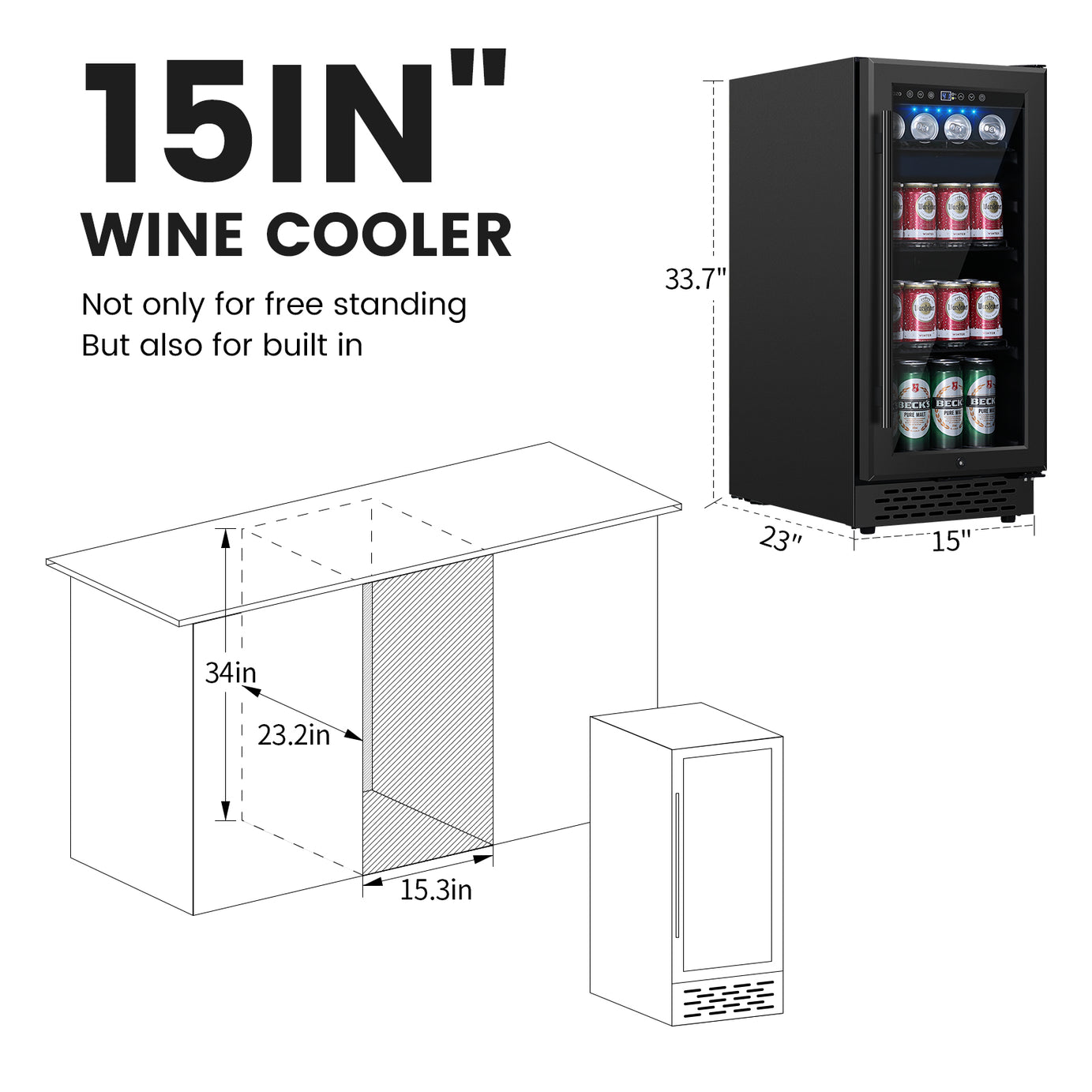 COLOZO Beverage Refrigerator 15 Inch 180 Cans Built-in Beverage Cooler Compressor Cooling System, Energy Saving, Under Counter Frestanding Built in Fridge with Lock for Drink Beer Soda Wine Water