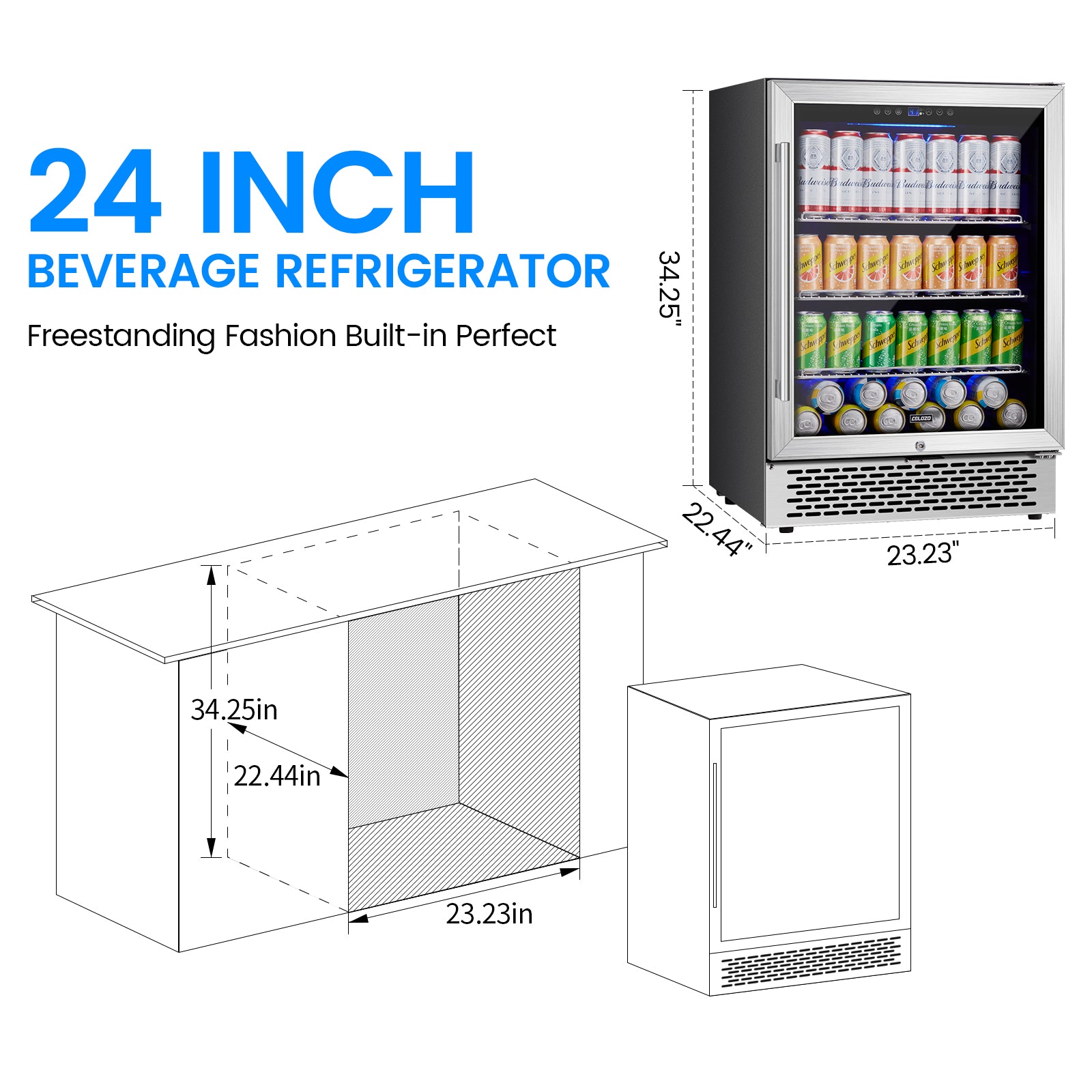 COLOZO 24 Inch Beverage Refrigerator, 190 Cans Wide Beverage and Beer Fridge with Glass Door and Powerful Cooling Compressor, Built-in/Freestanding Drink Fridge for Kitchen, Bar or Office