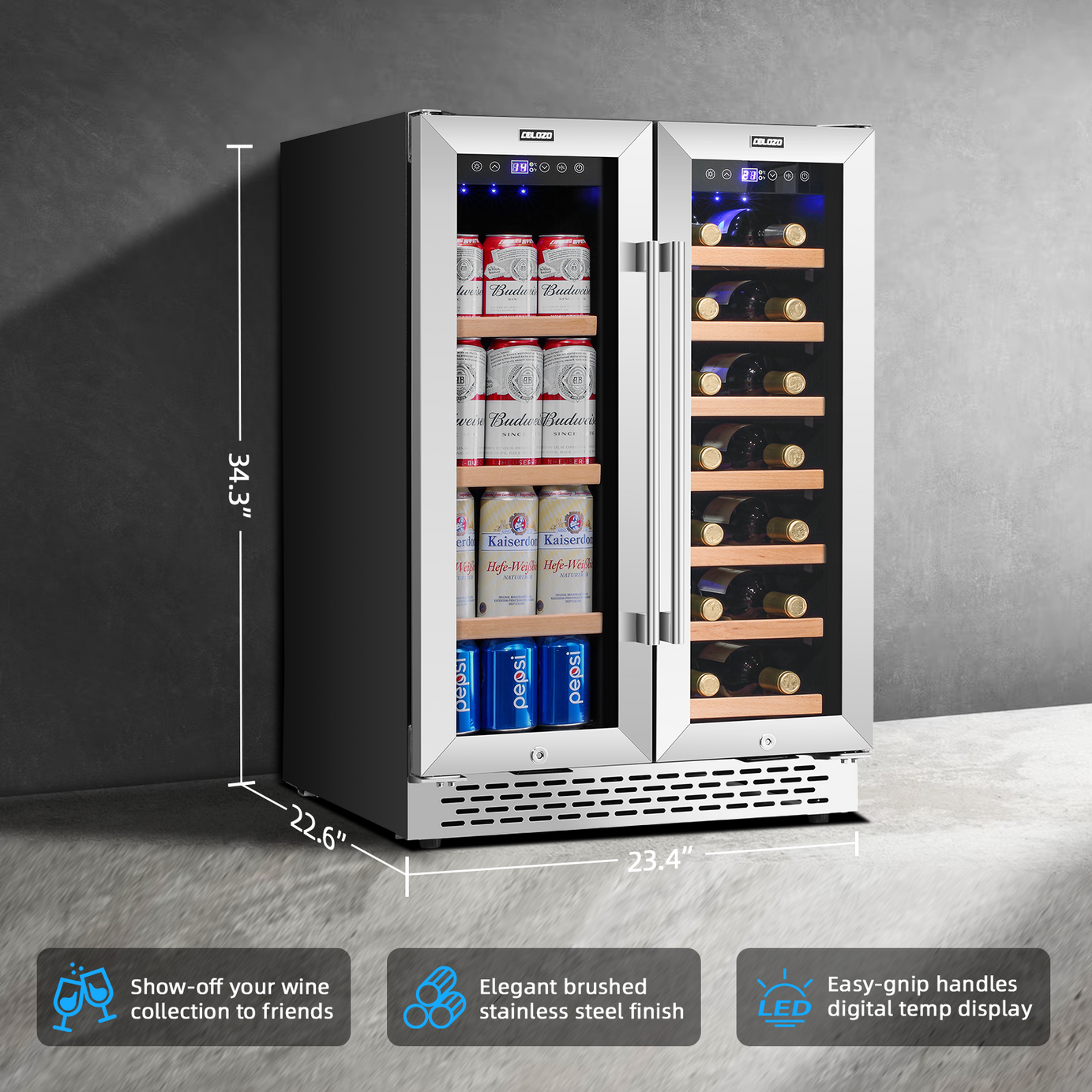 Wine Cooler Beverage Refrigerator 24 inch 18 Bottles & 57 Cans Beverage Fridge Dual Zone Wine Cooler Under Counter Lockable Freestanding with Glass Door for Drink Bar Kitchen Cabinet Commercial