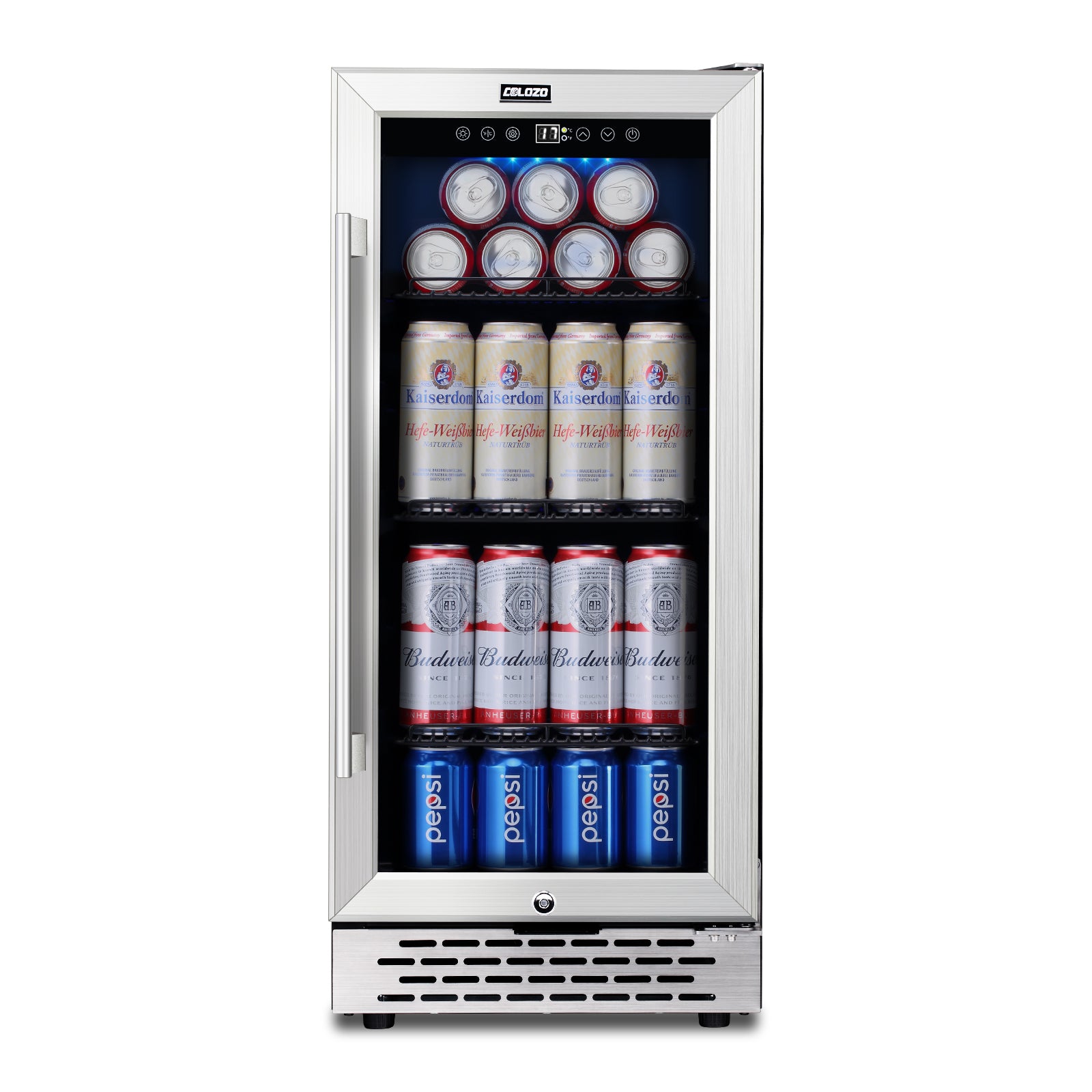 COLOZO 15 inch Beverage Refrigerator with Glass Door 180 Cans Mini Beverage Cooler Under Counter Frestanding Built in Center Garage Fridge with Lock for Drink Beer Soda Wine Water