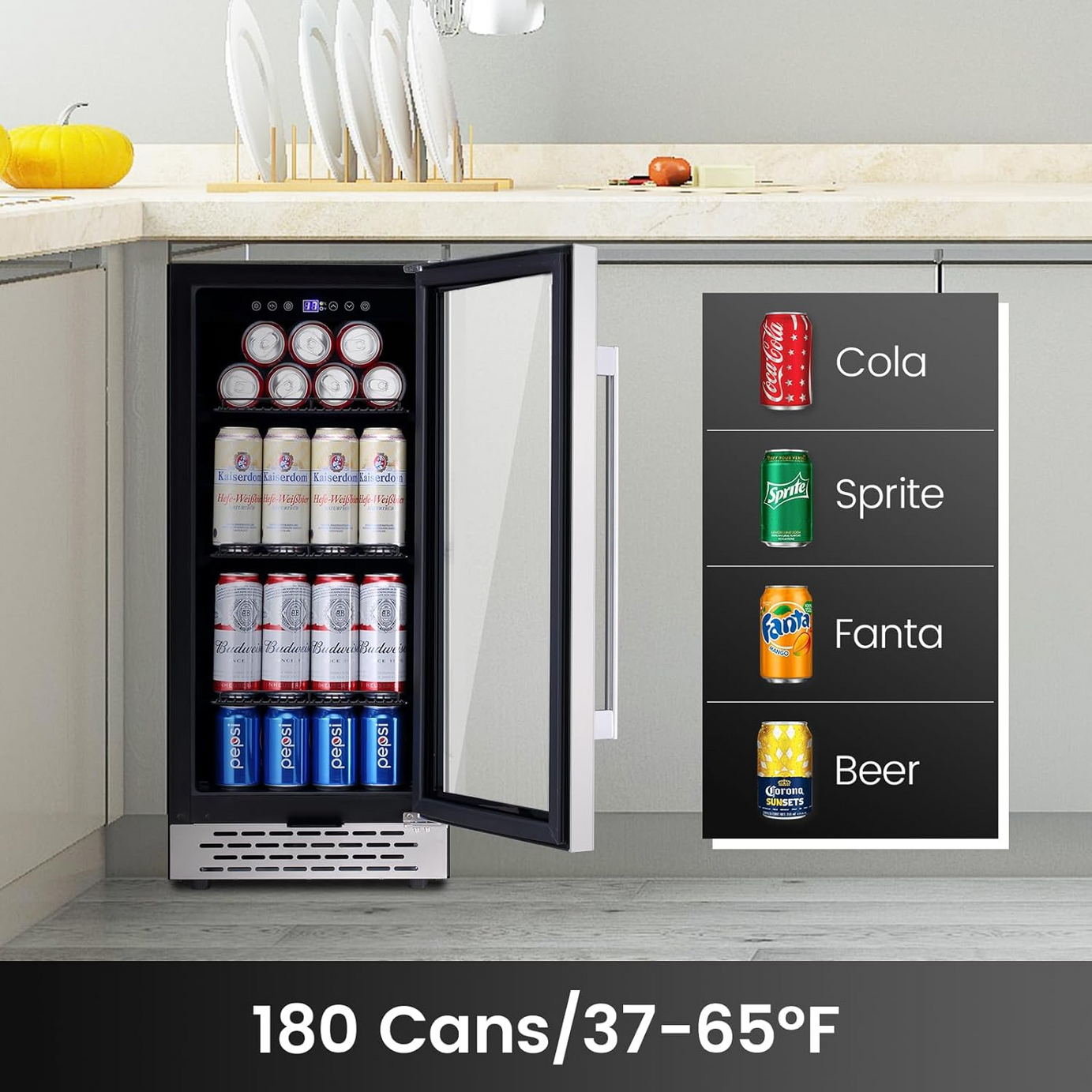 COLOZO 15 inch Beverage Refrigerator with Glass Door 180 Cans Mini Beverage Cooler Under Counter Frestanding Built in Center Garage Fridge with Lock for Drink Beer Soda Wine Water