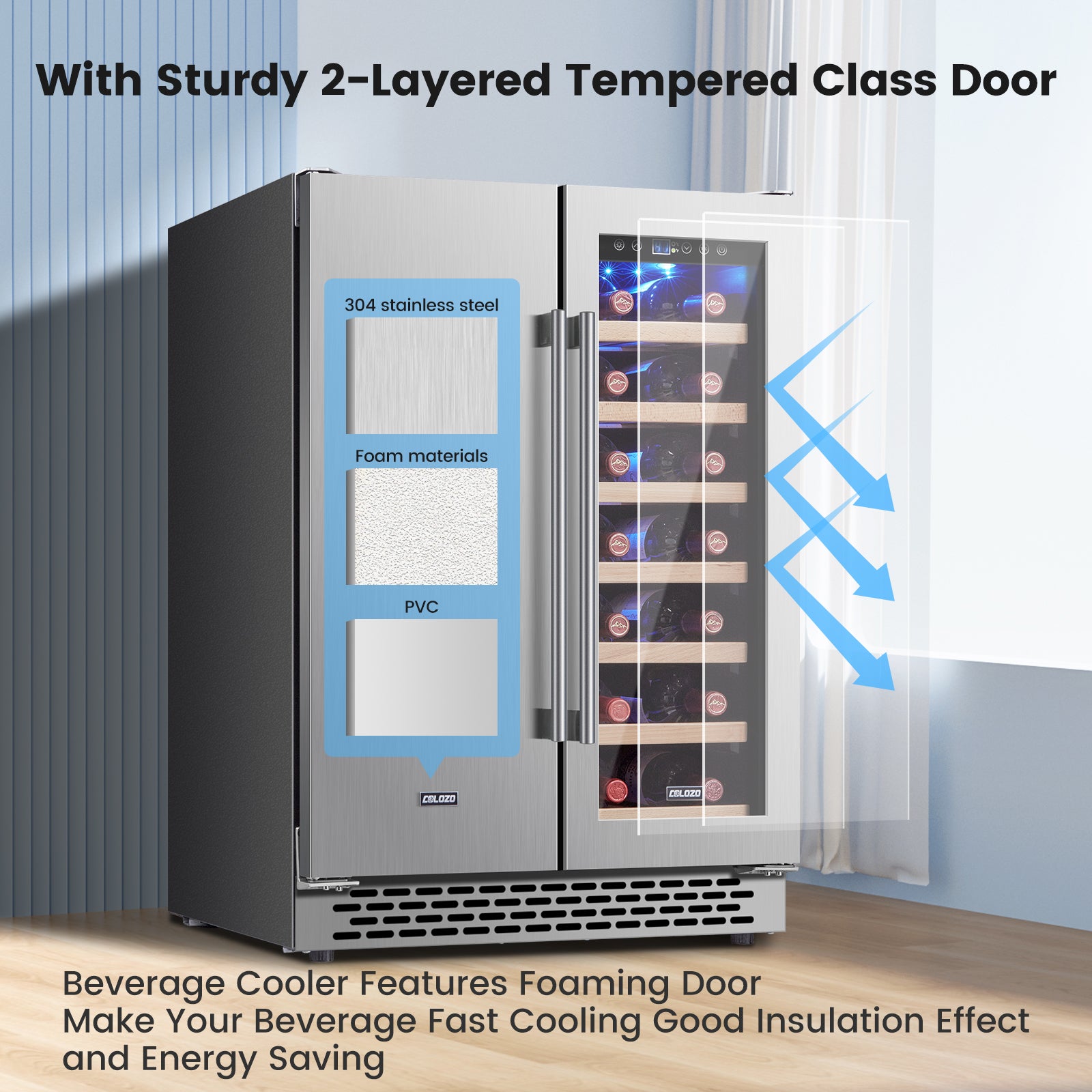 Wine Cooler Beverage Refrigerator, 24” Wine Fridge with Dual-Zone Digital Temperature Control, Glass Front Doors and Interior Lighting Holds 18 Bottles and 57 Cans on Removable Shelves