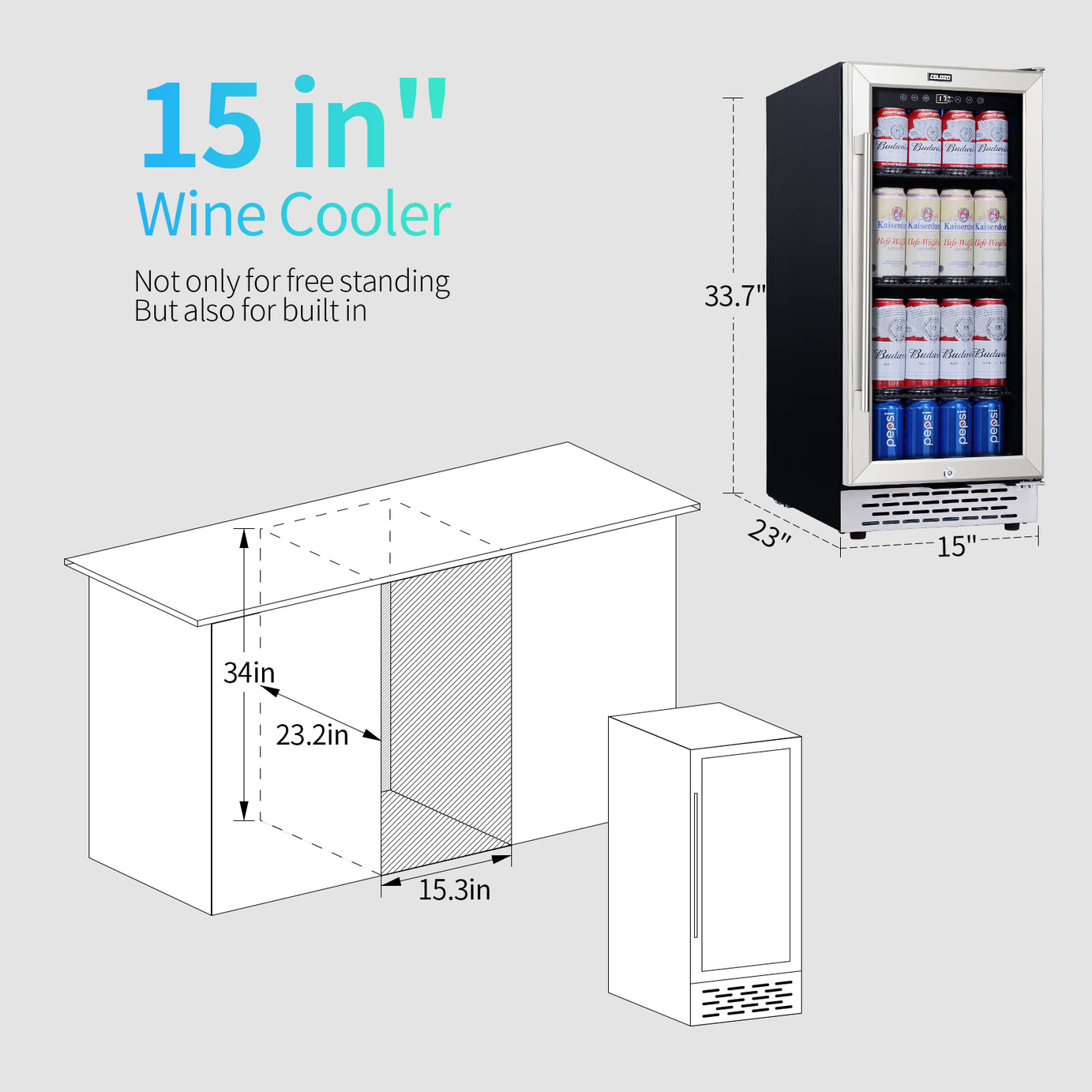 COLOZO 15 inch Beverage Refrigerator with Glass Door 180 Cans Mini Beverage Cooler Under Counter Frestanding Built in Center Garage Fridge with Lock for Drink Beer Soda Wine Water