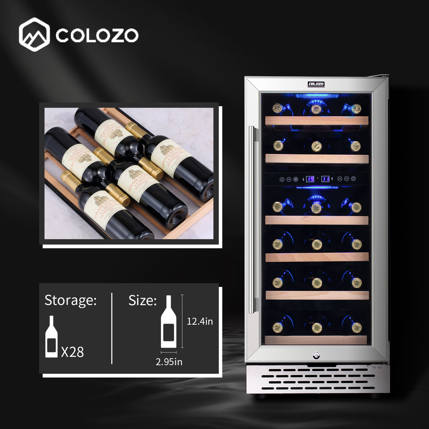 28 Bottle Wine Cooler Refrigerator, 15" Seamless Stainless Steel Built-in Freestanding Wine Fridge Double-Layer Tempered Glass Door with Lock, Under Counter Wine Cellar
