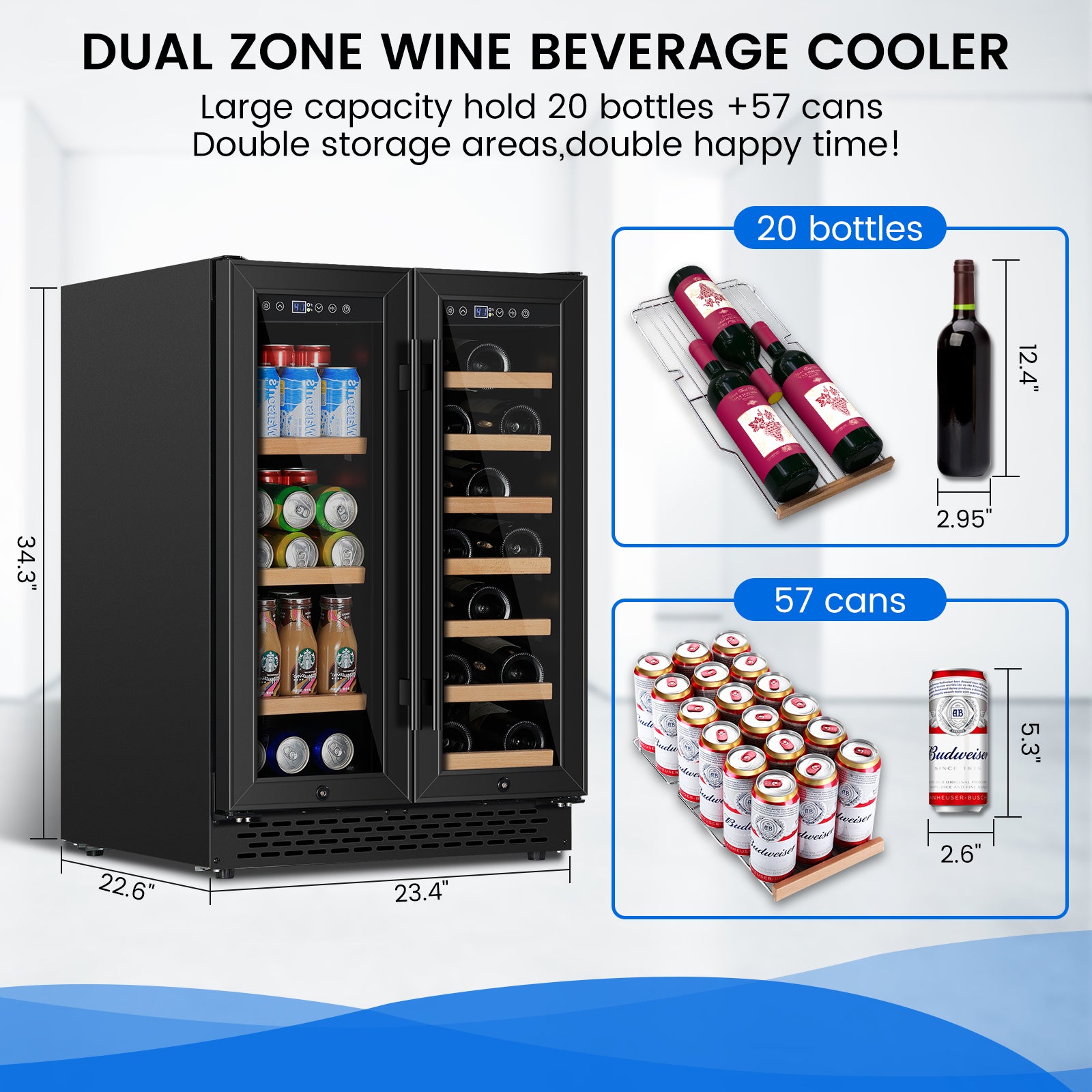 Wine Cooler Beverage Refrigerator 24 inch 18 Bottles & 57 Cans Beverage Fridge Dual Zone Wine Cooler Lockable Freestanding for Drink Bar Kitchen Cabinet Commercial, Stainless Steel black