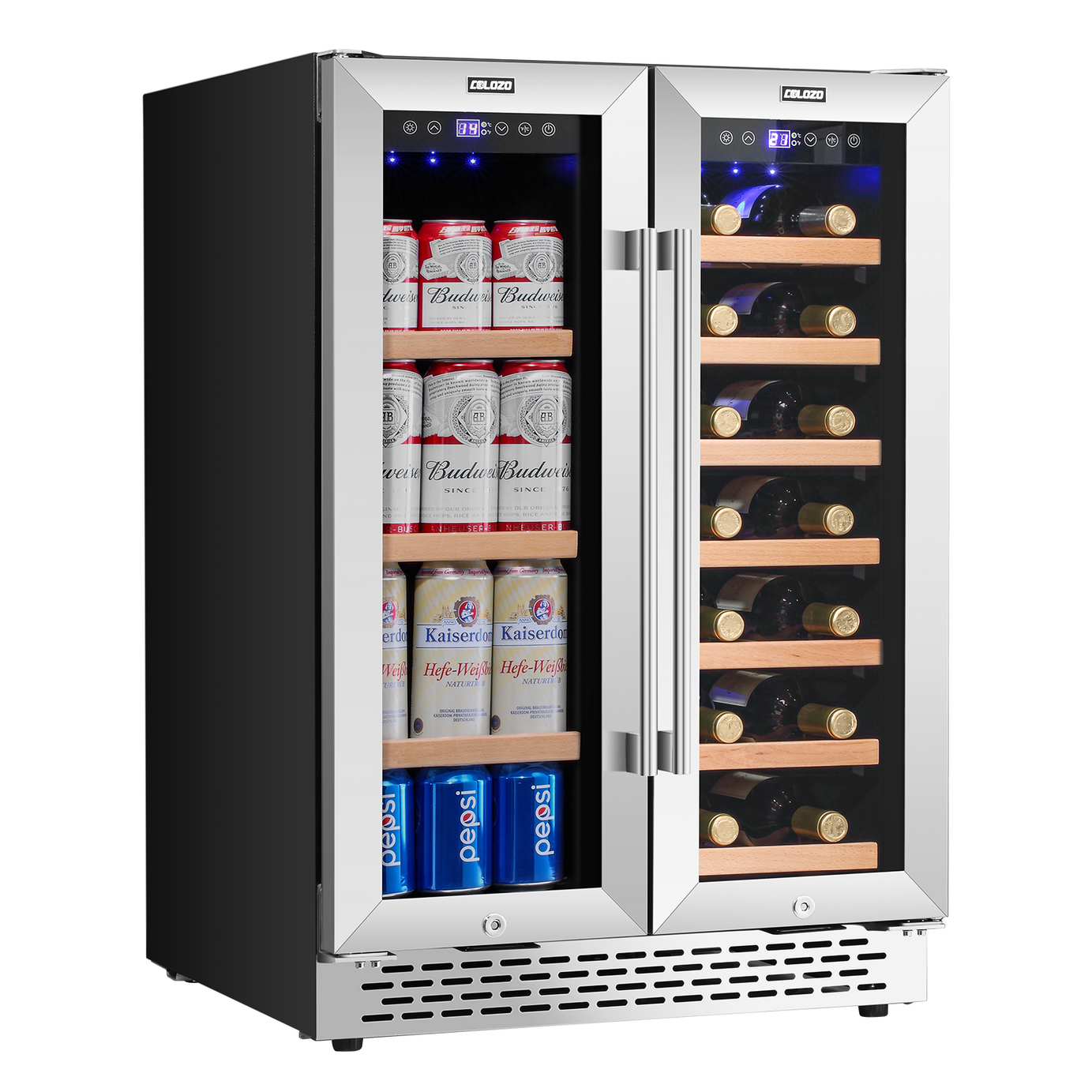 Wine Cooler Beverage Refrigerator 24 inch 18 Bottles & 57 Cans Beverage Fridge Dual Zone Wine Cooler Under Counter Lockable Freestanding with Glass Door for Drink Bar Kitchen Cabinet Commercial